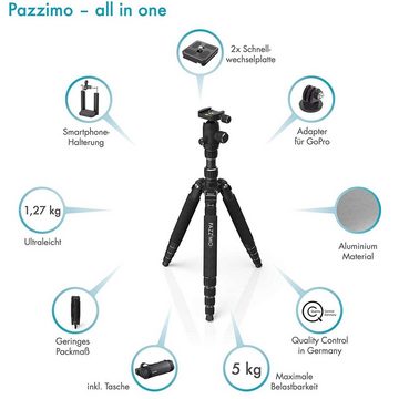 Pazzimo Dreibein-Stativ Alu Travel 146cm 3D 360° Kopf Kamerastativ (auch als Mono-Pod Foto-Stativ mit 1/4" Halterung)