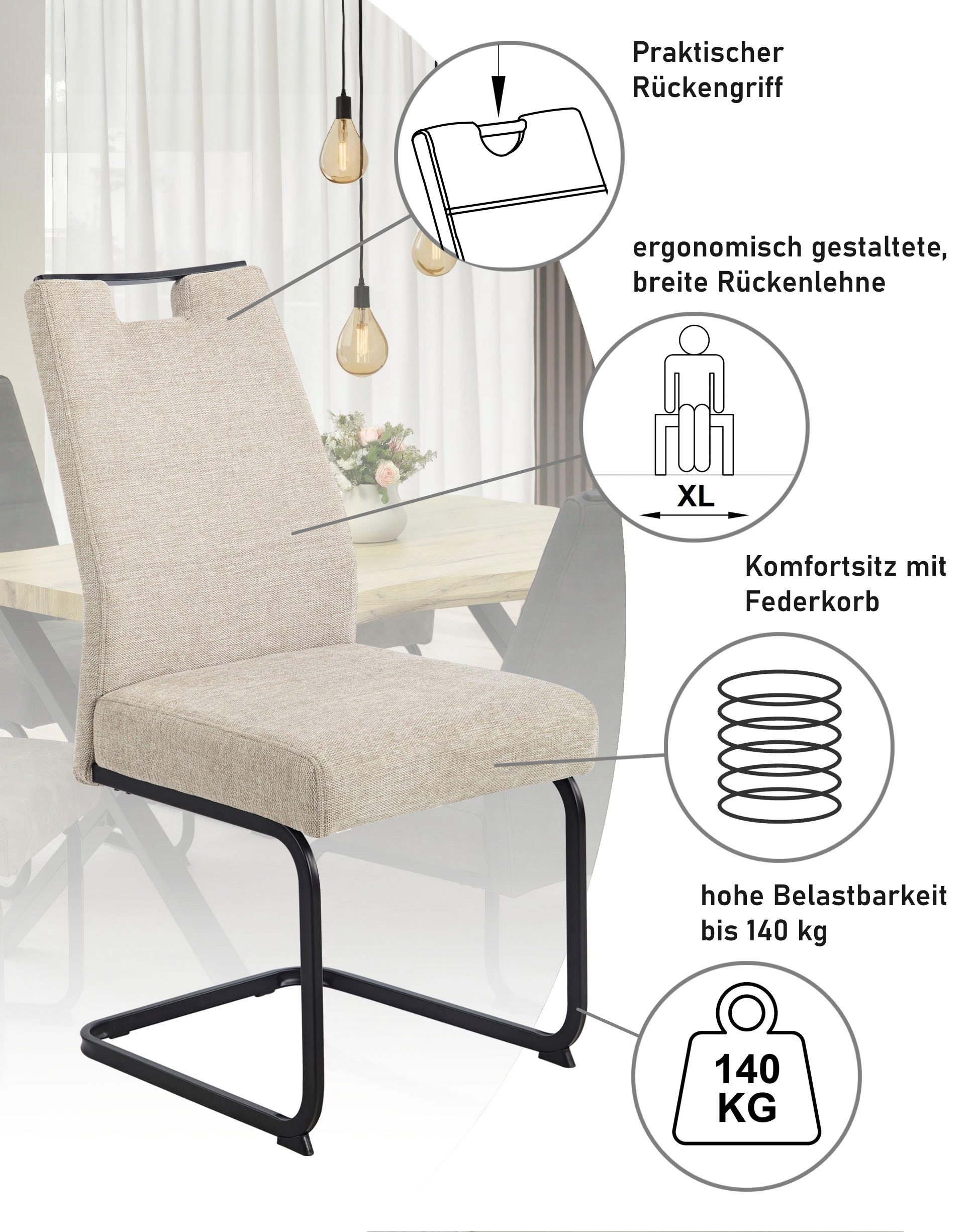HELA Freischwinger KERTIN (Set, 2 St), XL Sitzbreite, Griff, Federkorb, 140kg belastbar
