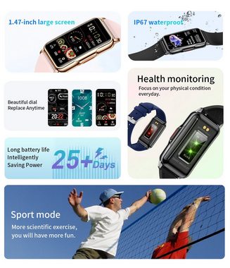 HYTIREBY Fitness Tracker Uhr für Damen, (1,47" HD Voll Touchscreen Zoll) Smartwatch (1,47" HD Voll Touchscreen " cm/1,4 Zoll), IP67 Wasserdicht Fitness Uhr, Pulsmesser Schrittzähler Schlafmonitor