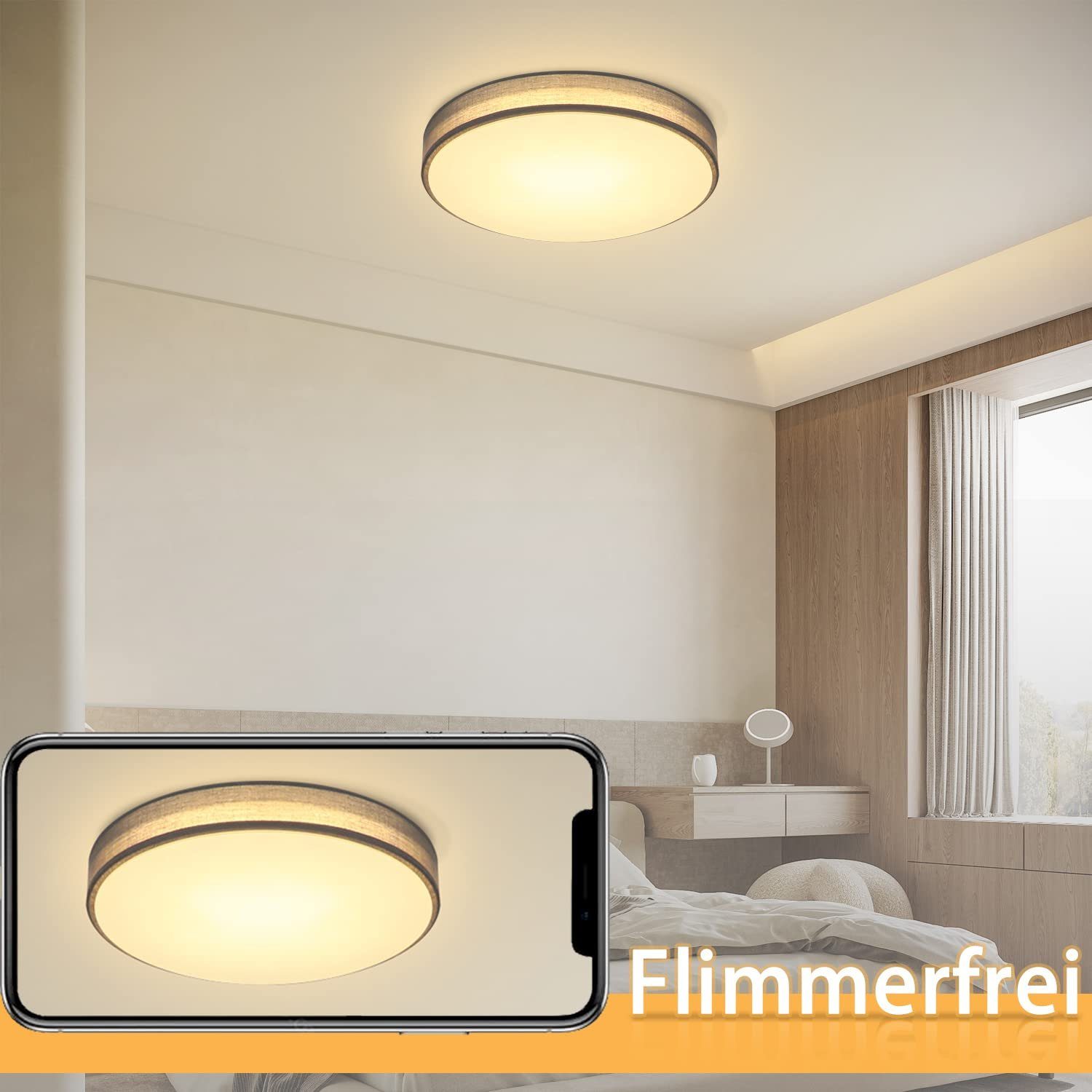 Stoffschirm Whonzimmer, W Dunkelgrau Schlafzimmer Ø38CM LED integriert, ‎38 Deckenleuchte warmweiß-kaltweiß, fest dimmbar, runde LED ZMH