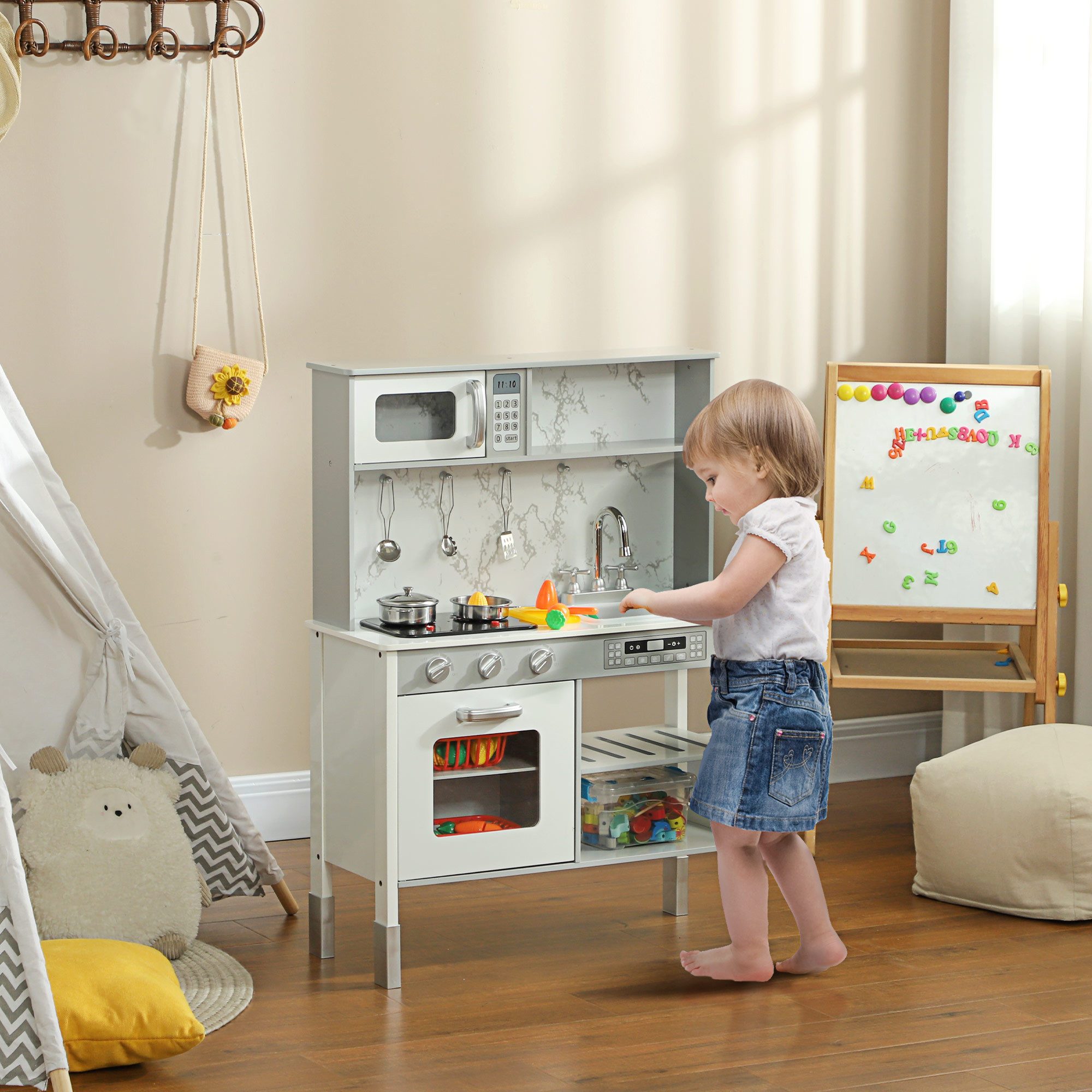 AIYAPLAY Spielküche Kinderküche mit Elektroherd, Mikrowelle, Spüle & Wasser günstig online kaufen