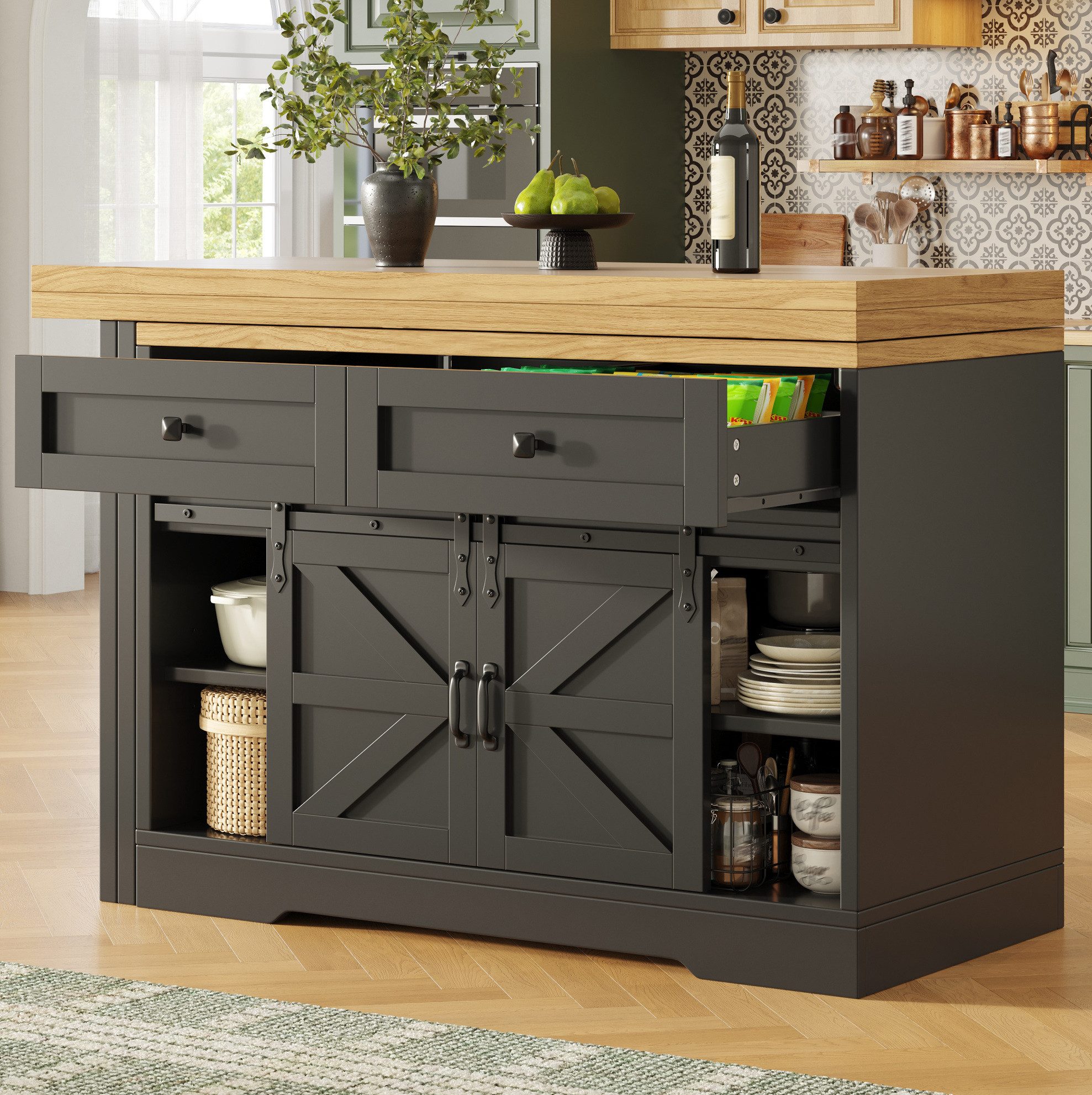 OKWISH Kücheninsel Multifunktionaler Esstisch mit Seiten-Schrank und Drehpaneelen, (2-in-1 Tischlösung mit Scheunentor-Schranktür im modernen Stil), Küchenmöbel Kombination mit versteckten Schubladen und Stauraum