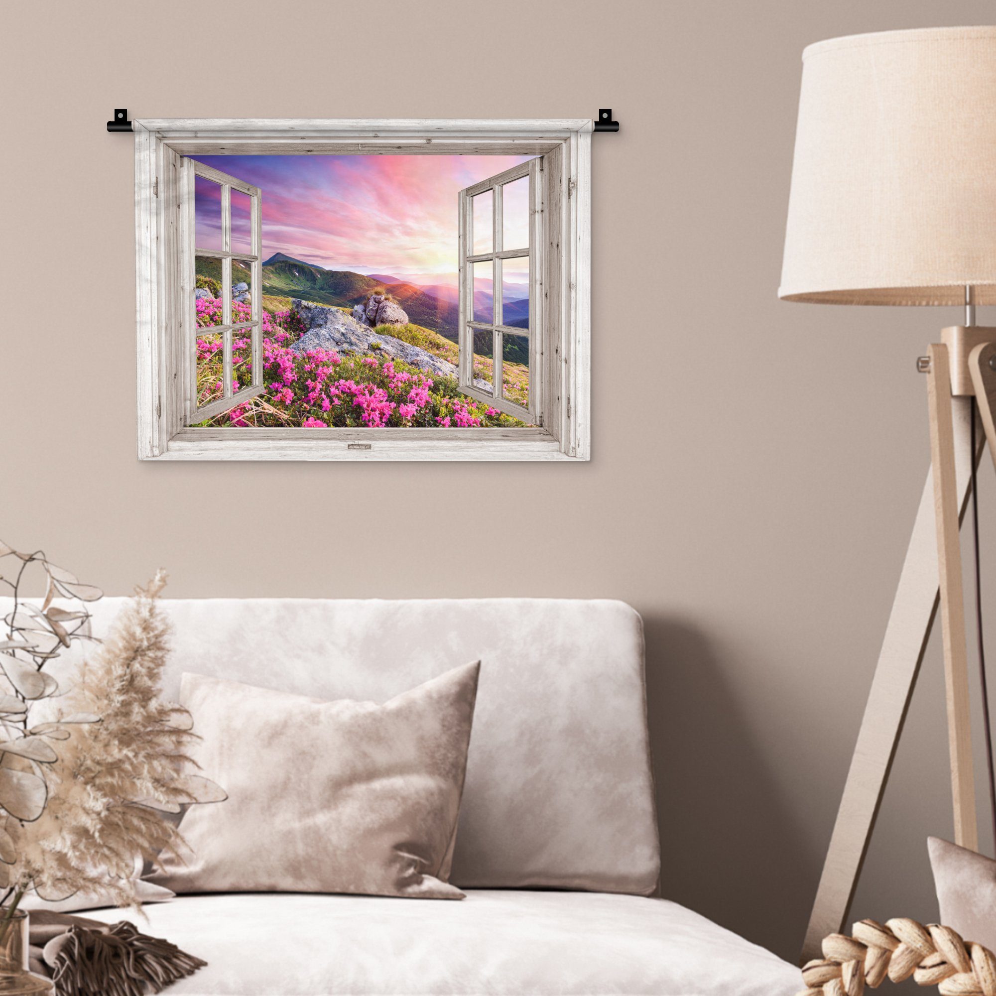 MuchoWow Wanddekoobjekt Berge Kleid, Wohnzimmer, Aussicht für Wanddeko - Kinderzimmer Rosa, - Abend - - Schlafzimmer, - Blumen Landschaft Wandbehang