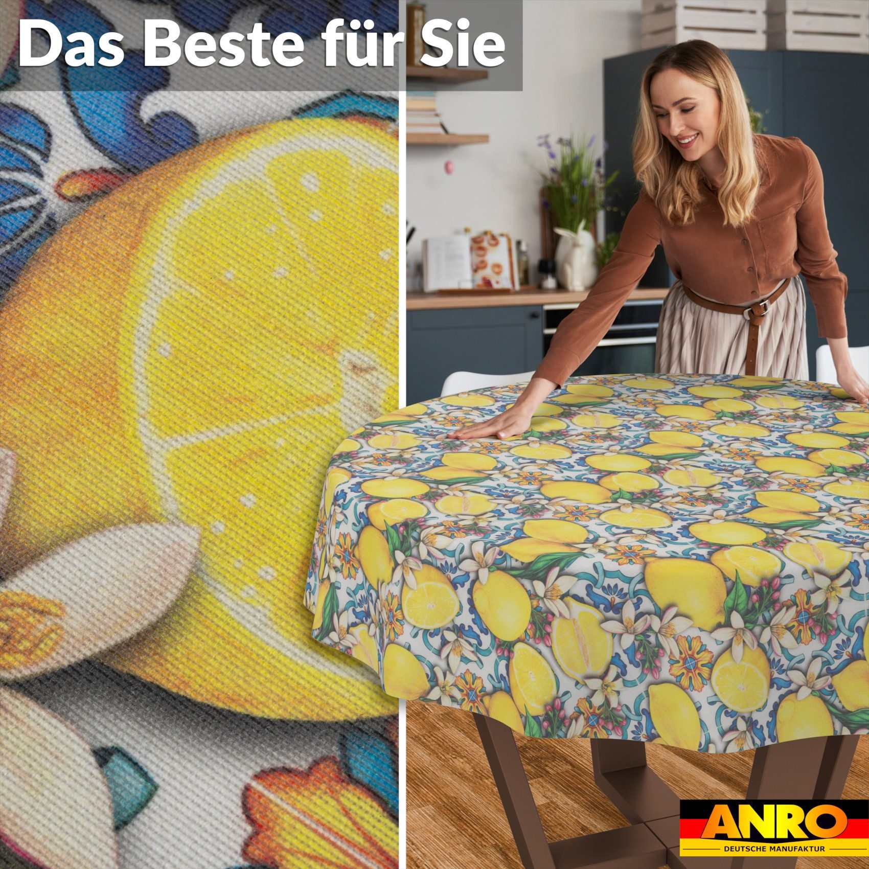 ANRO Tischdecke Wachstuchtischdecke 3.0 abwischbar Zitrone Spanien Gartentischdecke (Einzelstück 1-tlg), wasserabweisend PU-Beschichtet Azulejos Gelb Rund 100cm