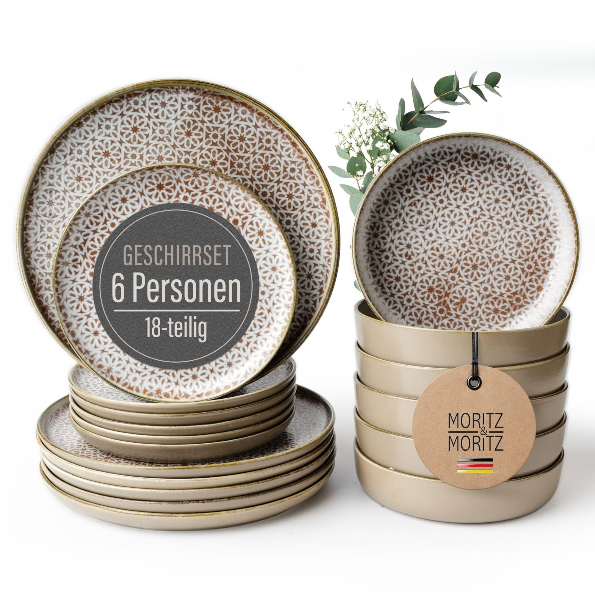 Moritz & Moritz Kombiservice ALHAMBRA Geschirrset Mousse (18-tlg), 6 Personen, Porzellan, Spülmaschinengeeignet & Mikrowellensicher