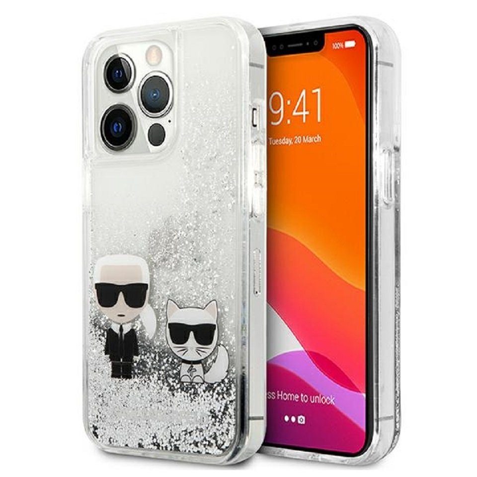 KARL LAGERFELD Handyhülle Case iPhone 13 Pro Katze Cover Glitzer silber 6,1 Zoll, Kantenschutz