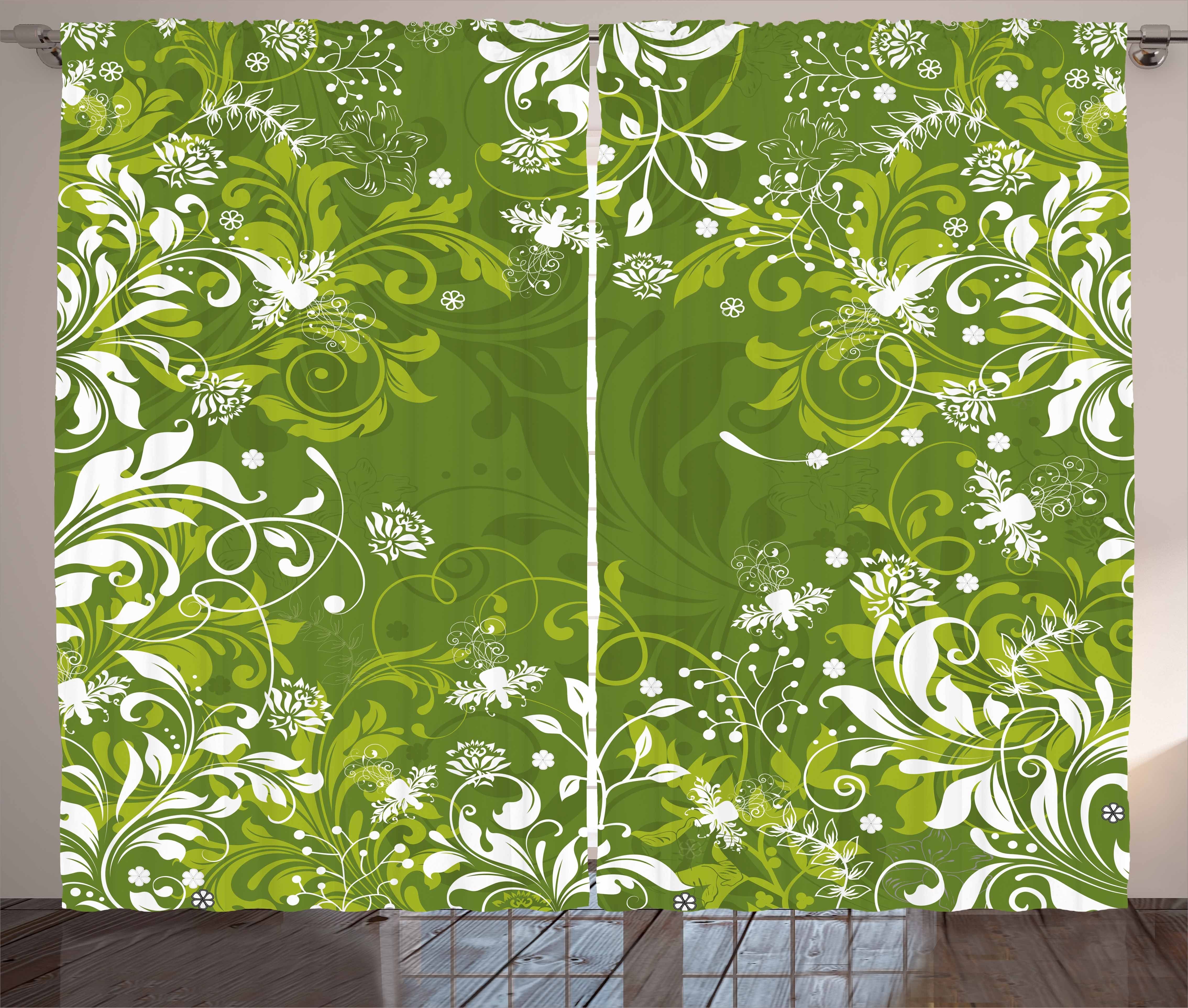 Natur Abakuhaus, Vorhang Gardine und Floral Schlafzimmer Schlaufen Kräuselband Abstract mit Haken, Grün