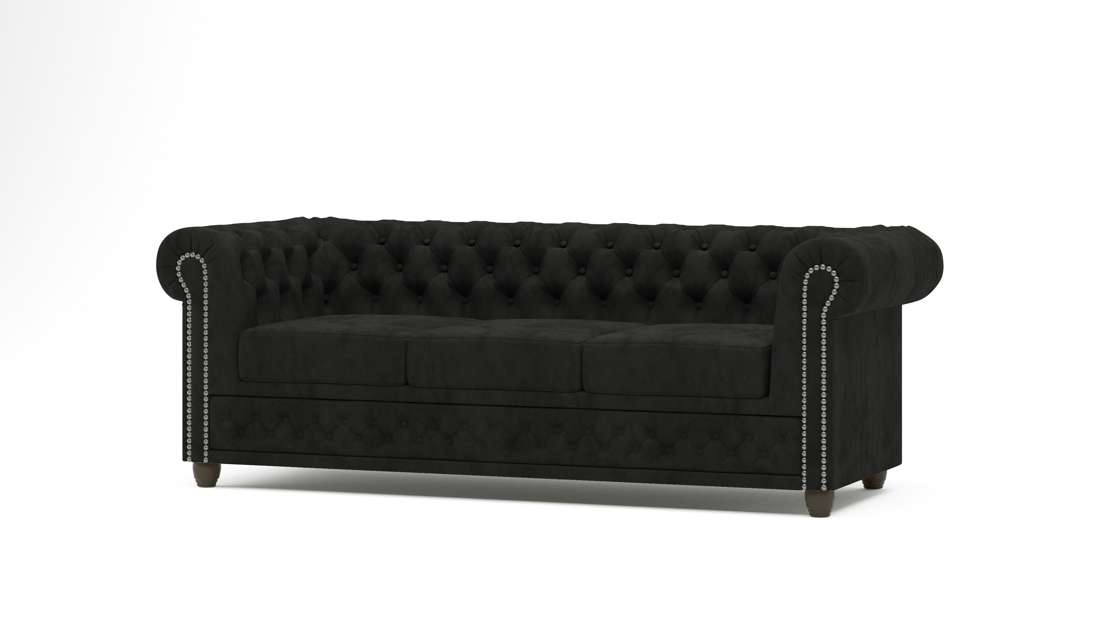 S-Style Möbel Chesterfield-Sofa Leeds, 3-Sitzer aus Samt-Stoff mit Holzfüßen, mit Wellenfederung