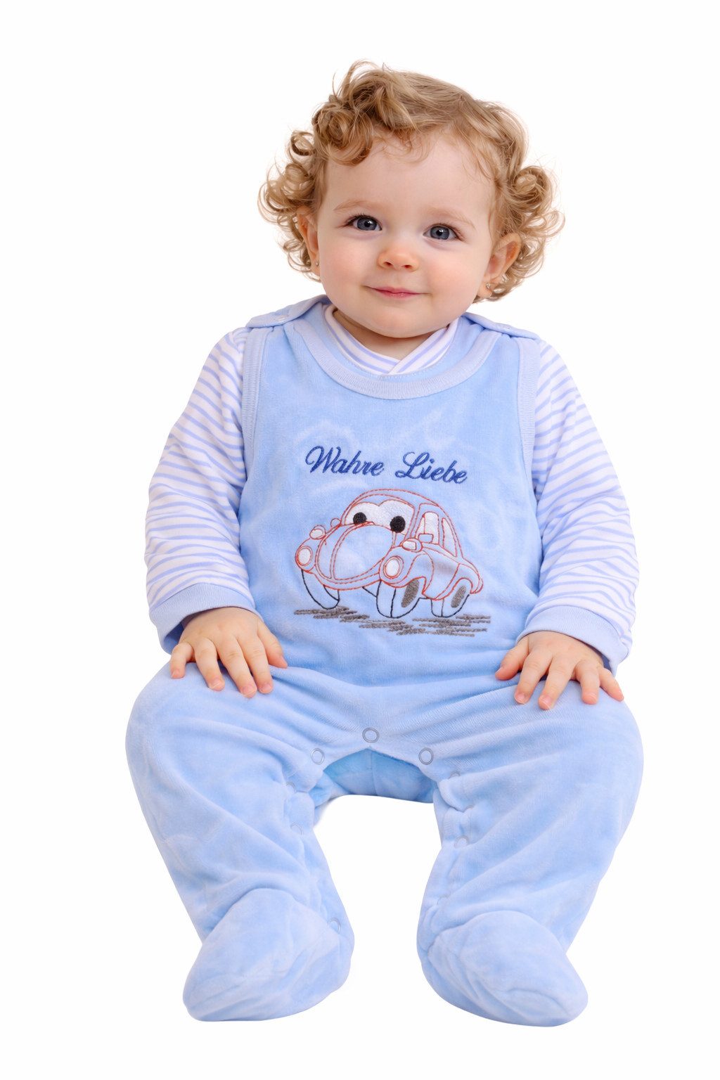 Strampler Baby Anzug Stramplerhose aus Velours und Hemdchen in Blau mit Auto