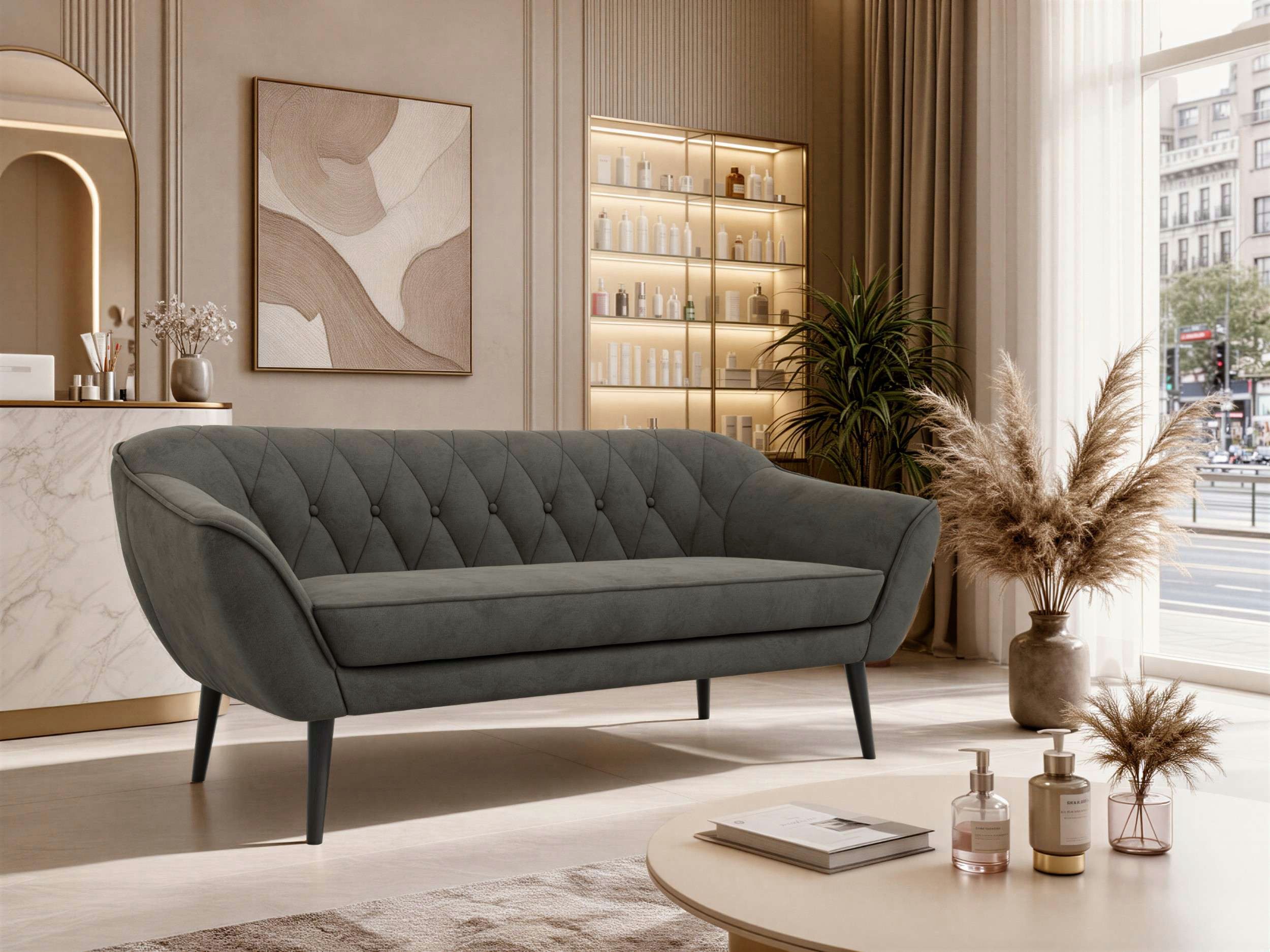 MKS MÖBEL Sofa PIRS, 3-Sitzer, Design mit Steppung, Wellenfederung, Scandi-Design, Füße wählbar