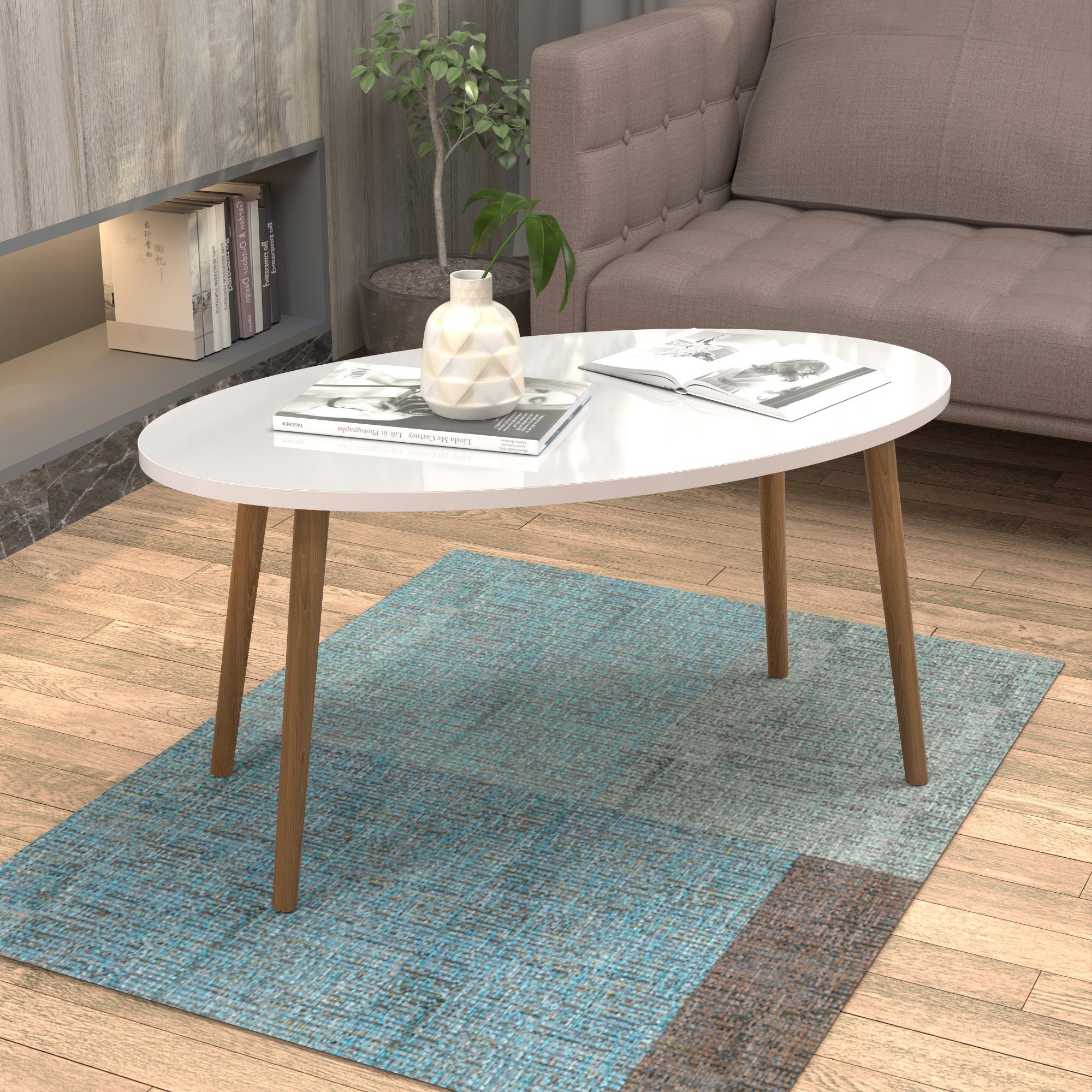 en.casa oval cm Couchtisch, 90 x 50 41 x Weiß »Sindal« Sofatisch