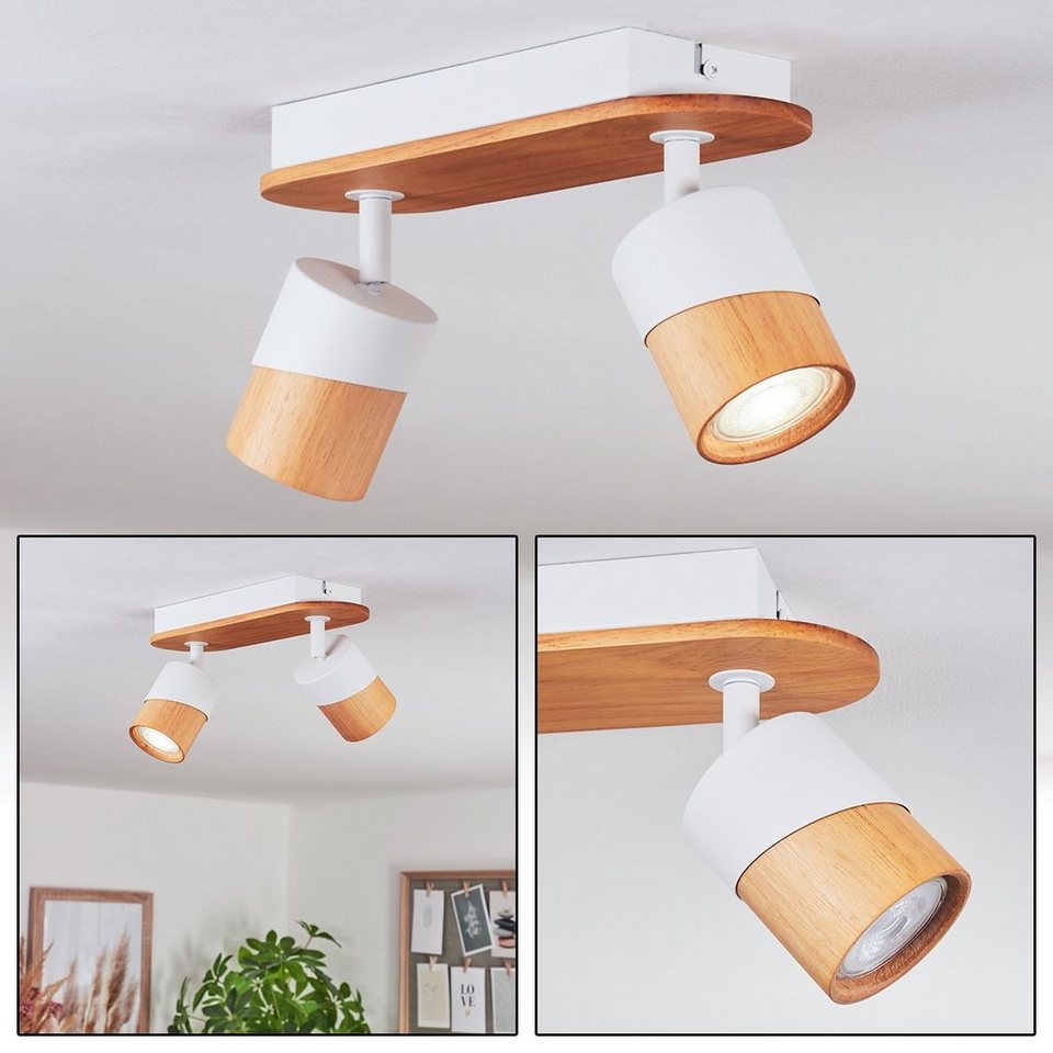 hofstein Deckenleuchte moderne Deckenlampe aus Metall/Holz in Weiß/Natur,  ohne Leuchtmittel, Deckenleuchte mit verstellbaren Strahlern, 2x GU10, ohne  Leuchtmittel