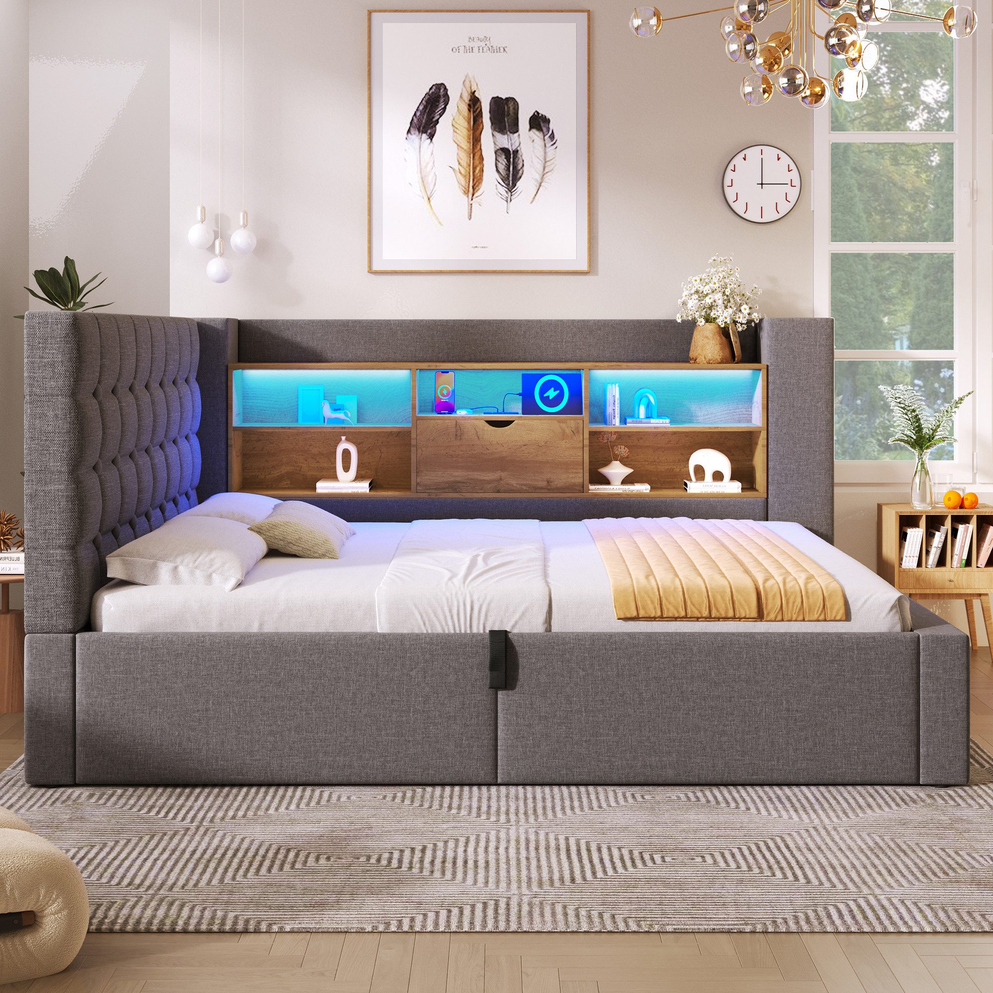 Ulife Polsterbett 140×200cm&weitere Größen mit Bettkasten, LED, hydraulischem Stauraum (1-tlg., Ohne Matratze), L-förmigem Kopfteil beidseitig montierbar, Kinde – Bild 4 von 5