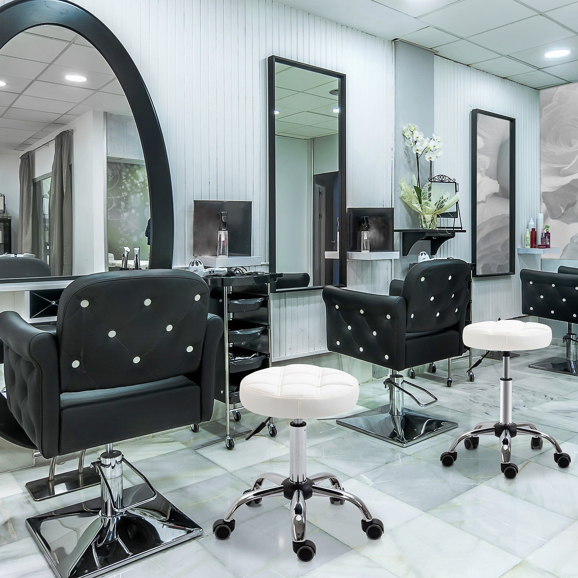 HOMCOM Rollsitz höhenverstellbarer Drehhocker mit Rädern (Arbeitshocker, 2 St., Rollhocker), Kunstleder Weiß Ø35,5 x 48-63 cm