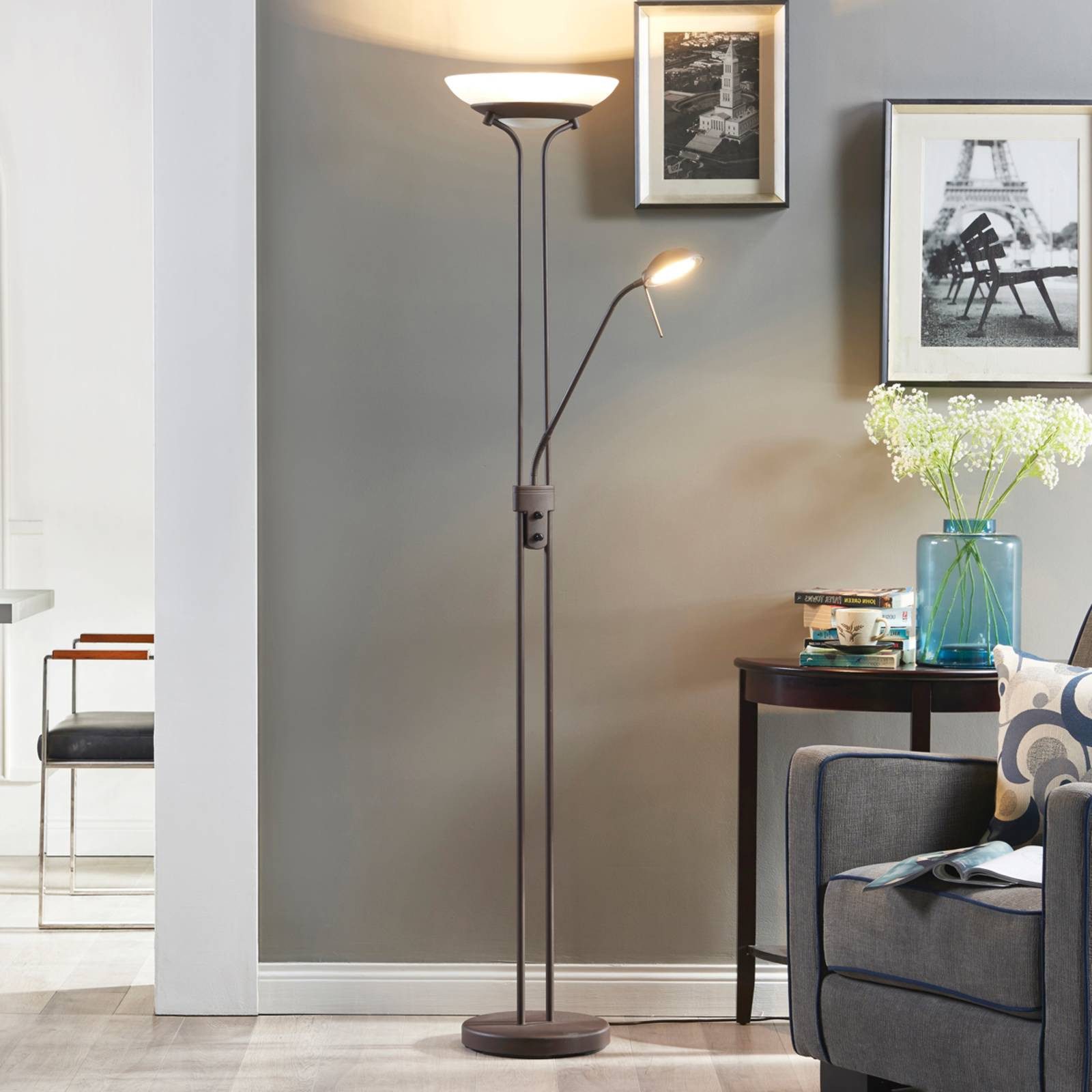 Lindby Stehlampe Yveta, LED, Metall, Braun warmweiß IP20, 1 x 20 W LED + 1 x 5 W LED, warmweiß