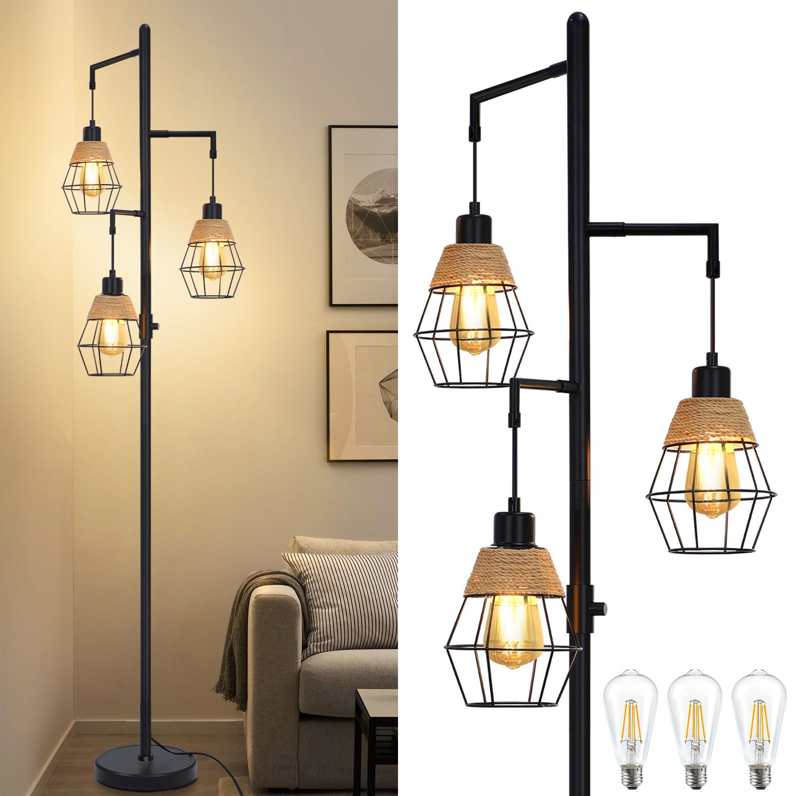 Stehlampe Boho-Stehlampe mit 3 Glühbirnen,Industrielle Stehleuchte Wohnzimmer