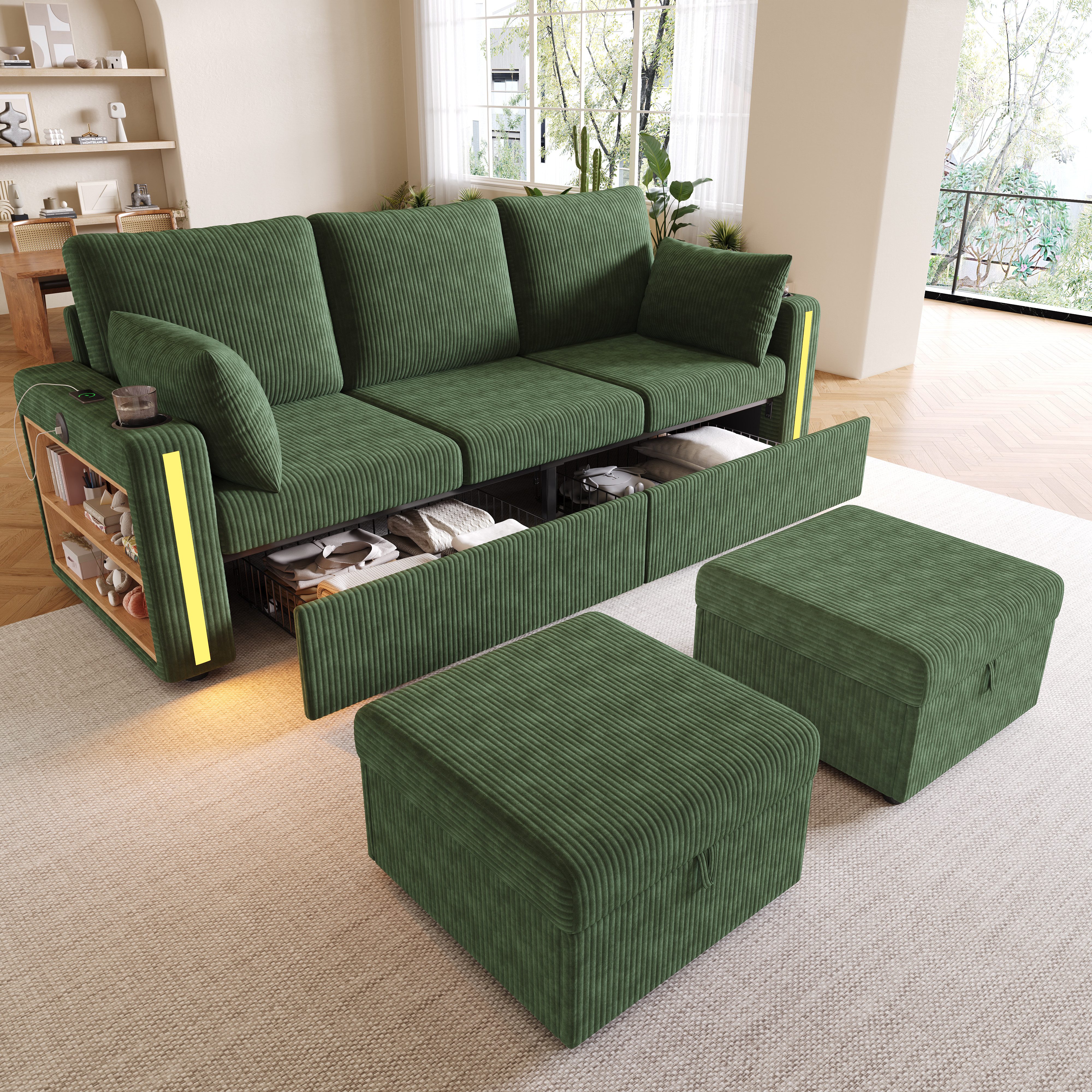 STILVORA Loungesofa Modulares U/L-Form Sofa mit Stauraum Relaxsofa mit LED-Stimmungslicht, Cordbezug, USB/Typ-C, Becherhalter, 2 Hocker, 190×130×85cm, für Wohnzimmer, Familien, Gästezimmer