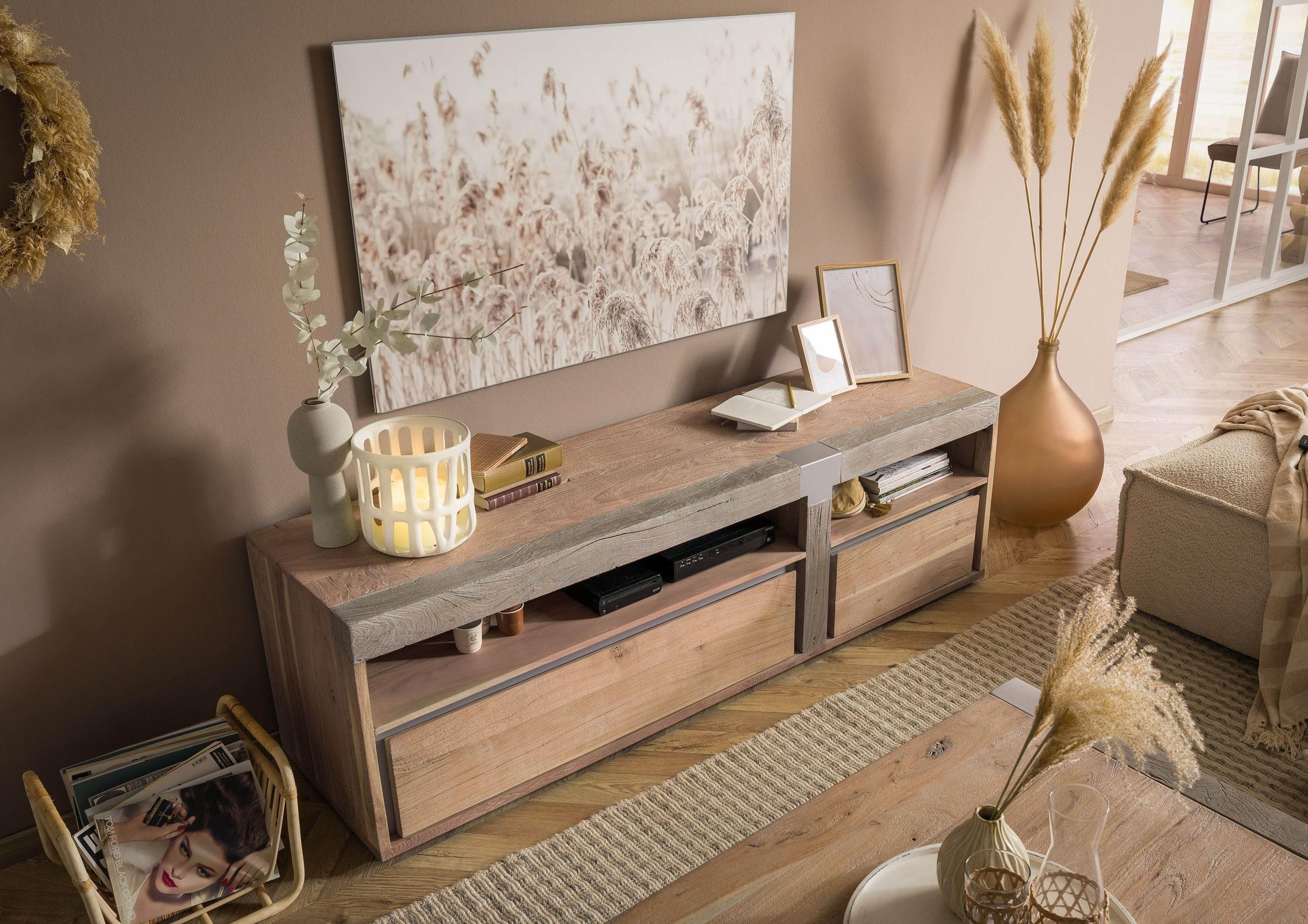 Massivmoebel24 TV-Board AMSTERDAM (Massivholz), TV-Board Akazie 180x48x55 beige lackiert Amsterdam #125