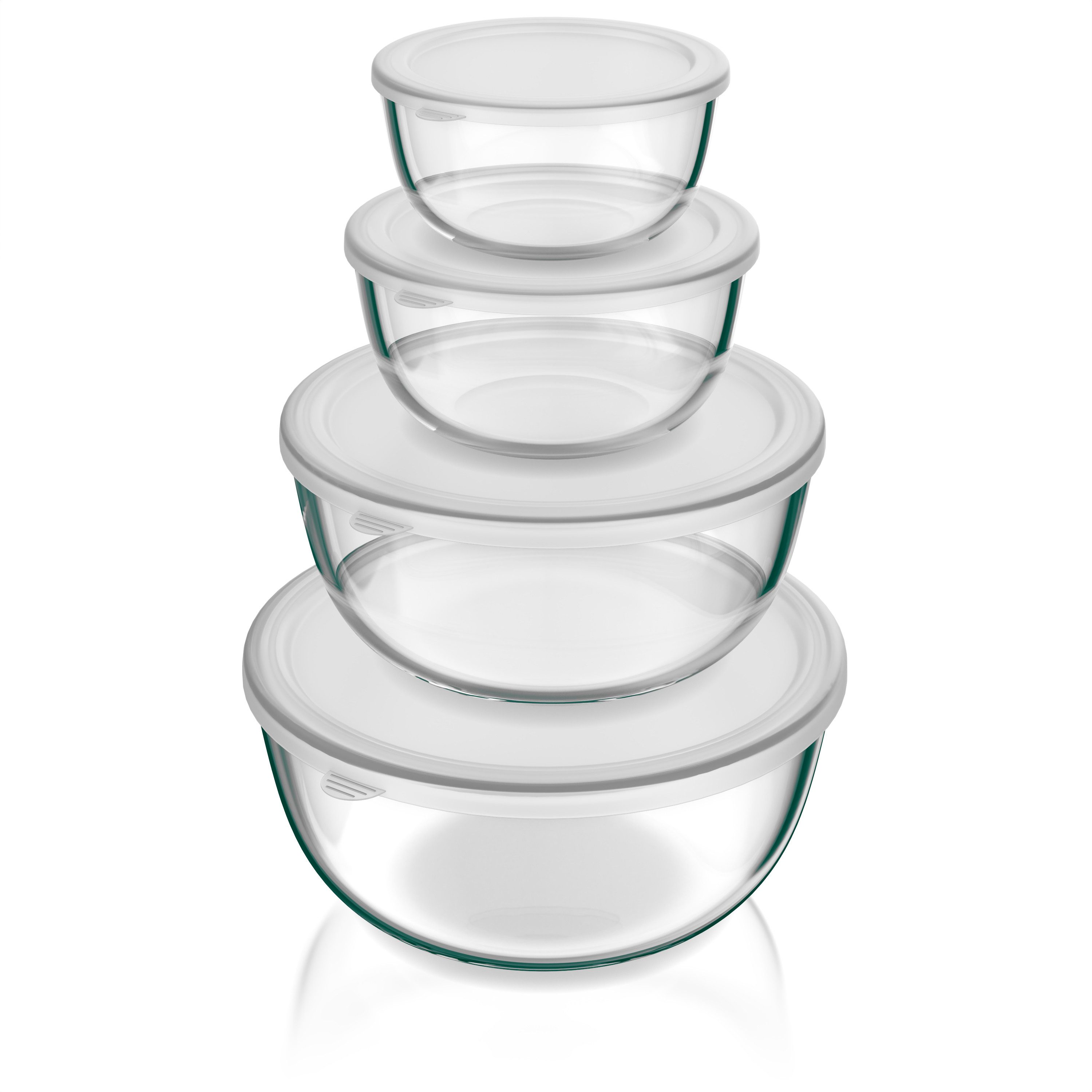 Arendo Salatschüssel 4x Glasschüsseln mit Deckel 0,7L, 1,1L, 2,7L & 4,4L, Glas Rührschüssel, Glas, (4er Set, 4-tlg), Glasschale, BPA-frei, Spülmaschinen und Mikrowellen geeignet