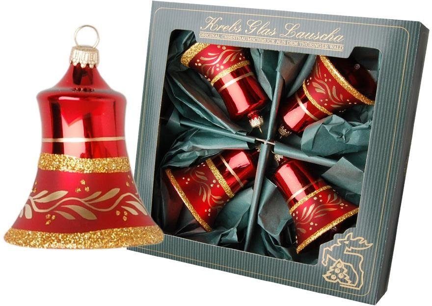 Krebs Glas Lauscha Christbaumschmuck Колокола, Weihnachtsdeko rot, Christbaumschmuck (4-tlg), goldfarben dekoriert, mundgeblasen