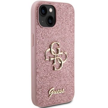 Guess Smartphone-Hülle Guess Apple iPhone 15 Schutzhülle Case Glitter Script Big 4G Rosa