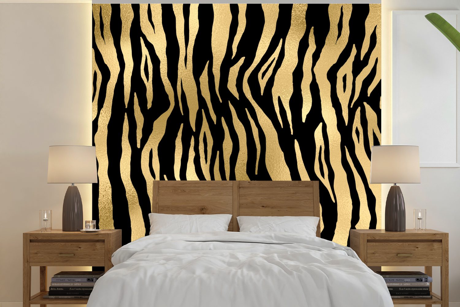 MuchoWow Fototapete Muster - Zebra - Gold, Matt, bedruckt, (5 St), Vinyl Tapete für Wohnzimmer oder Schlafzimmer, Wandtapete | Fototapeten
