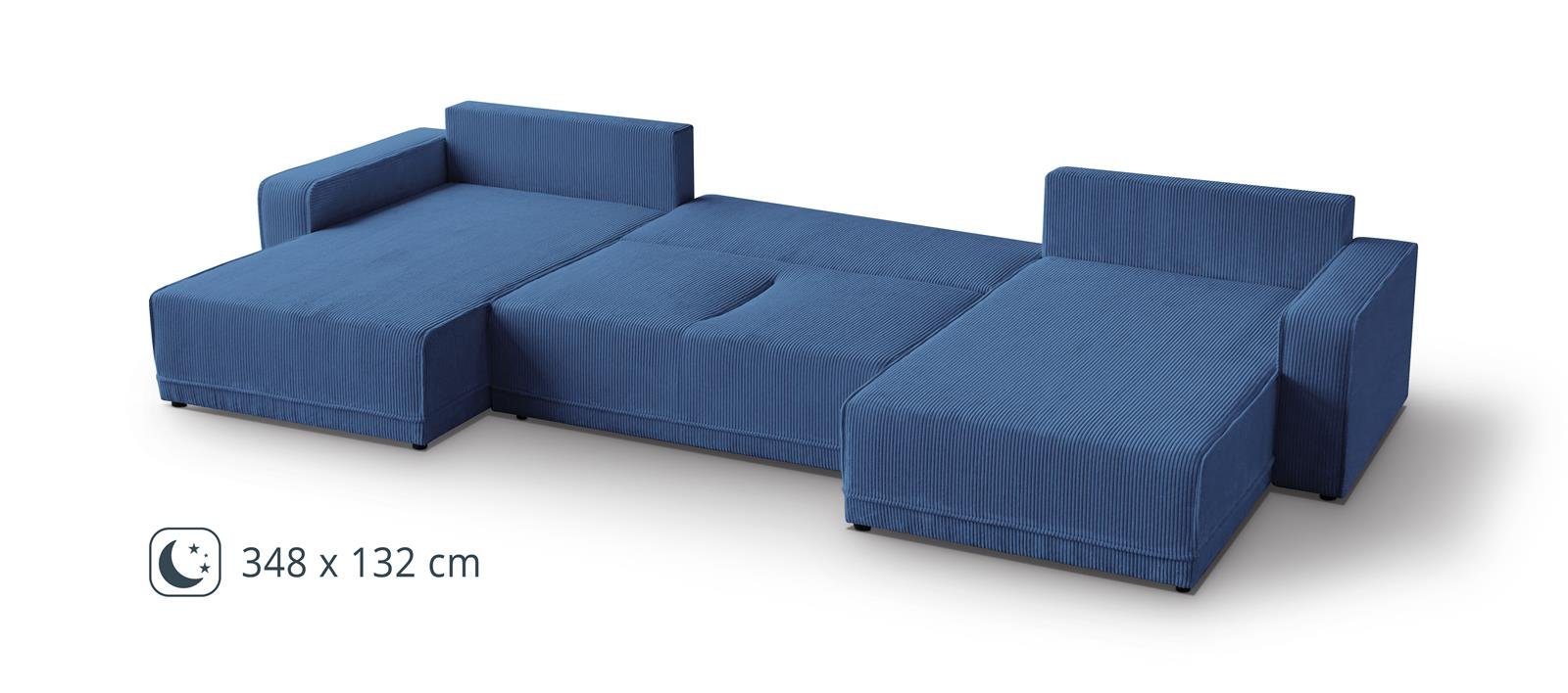 Wohnzimmer, Cordstoff, U, 05) Primo Blau Polsterecke Beautysofa Eckcouch für Ecksofa aus mit Bettkasten und Schlaffunktion (poso U-Form
