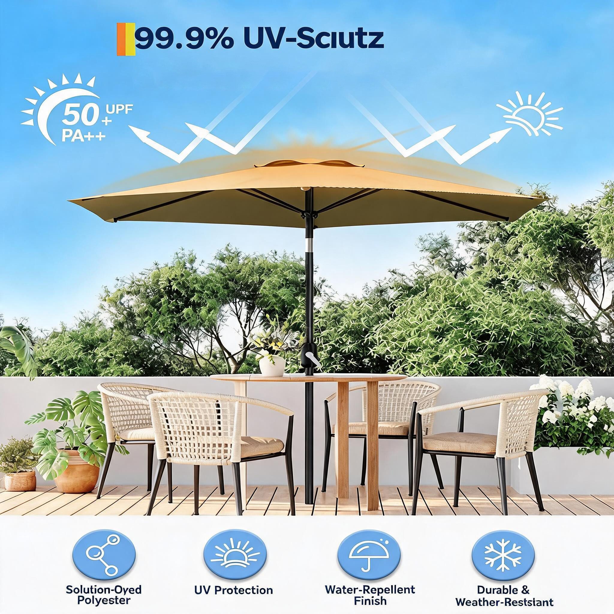 GarveeMore Sonnenschirm 215cm mit Kurbel, UV-Schutz und wasserabweisend,Gartenschirm, 6 robuste Stahlrippen, pulverbeschichteter Mast, Polyester-Bespannung