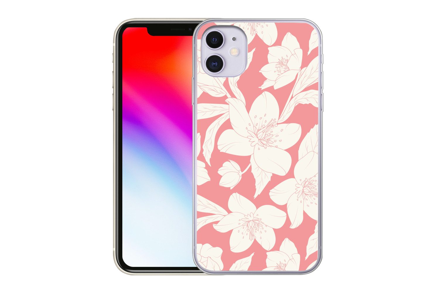 MuchoWow Handyhülle für Apple iPhone 11 Blumen - Muster - Rosa - Weiß, Smartphone-Bumper, Print, Handy Schutzhülle Dünn