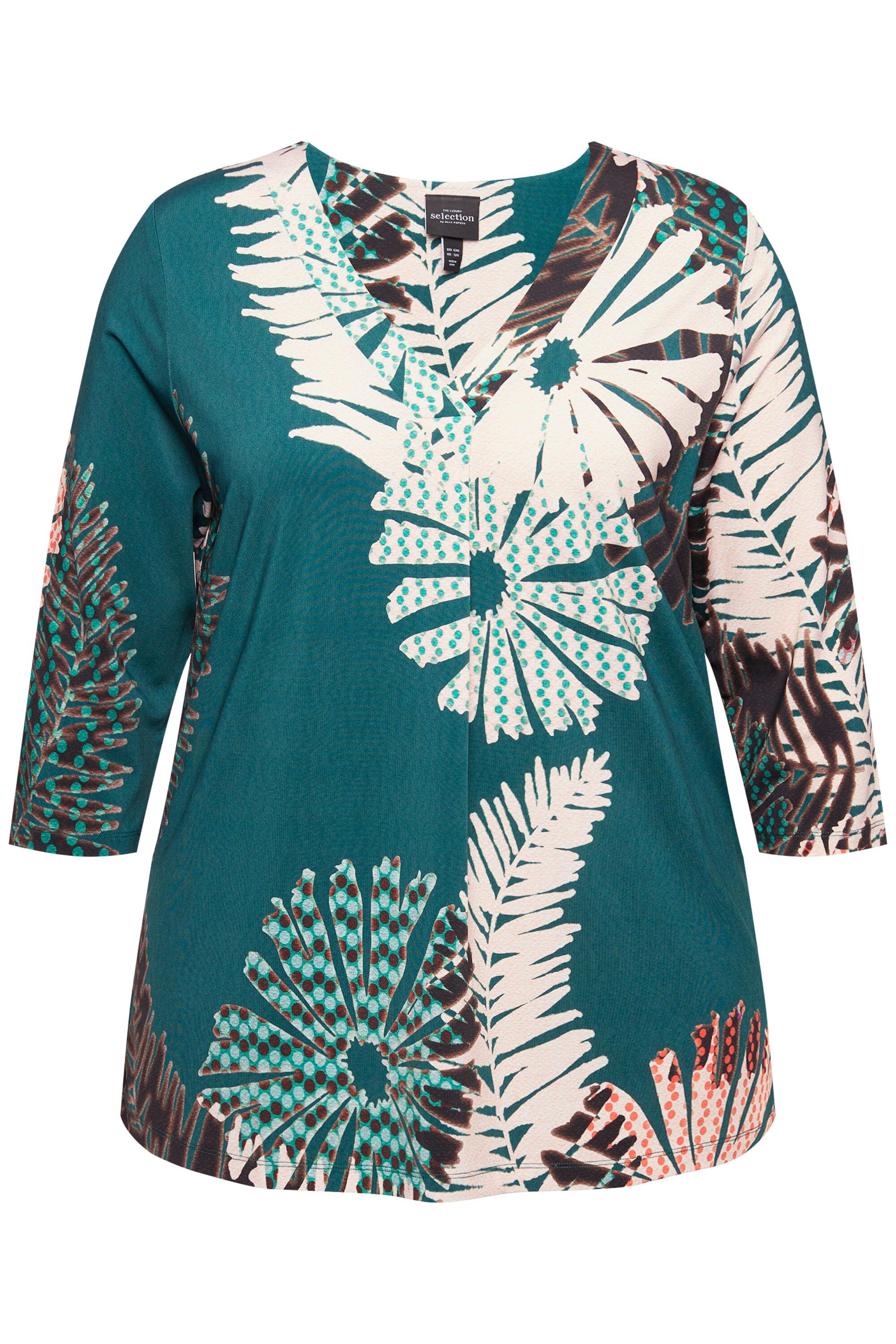 Ulla Popken T-Shirt Slinkyshirt Blüten A-Linie V-Ausschnitt 3/4-Arm günstig online kaufen