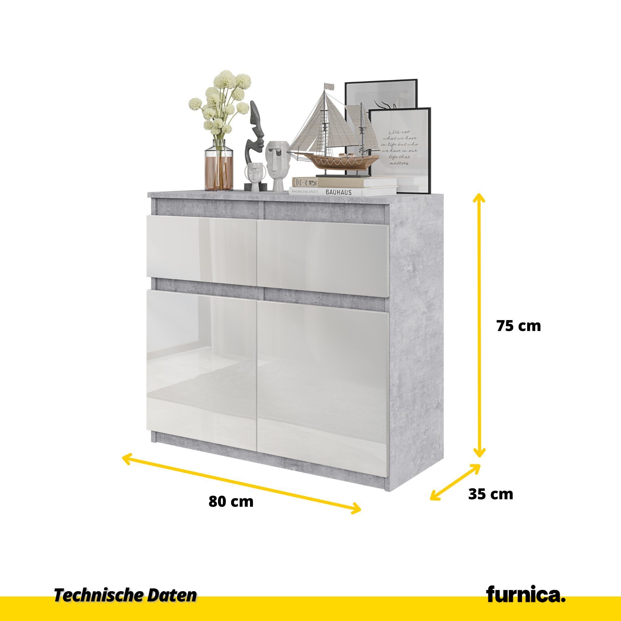 Kommode Beton-Optik/Weiß - (1 Gloss Beton-Optik B80cm Türen 2 St) T35cm und Furnica 2 H75cm NOAH Schubladen