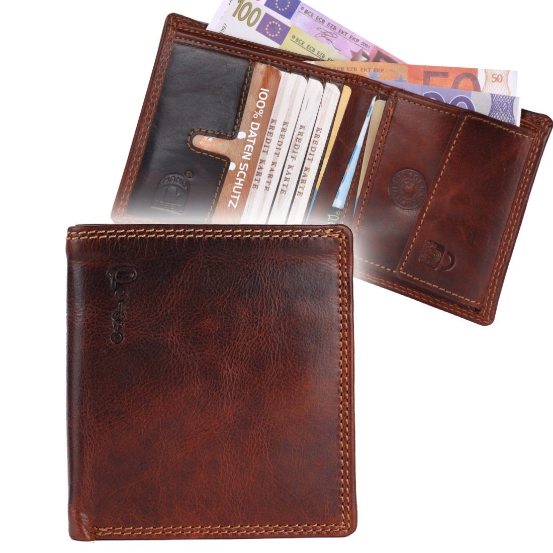 SHG Geldbörse Herren Leder Portemonnaie Druckknopfverschluss, Börse RFID Münzfach, Geldbeutel Schutz Brieftasche Kreditkartenfächer, Männerbörse