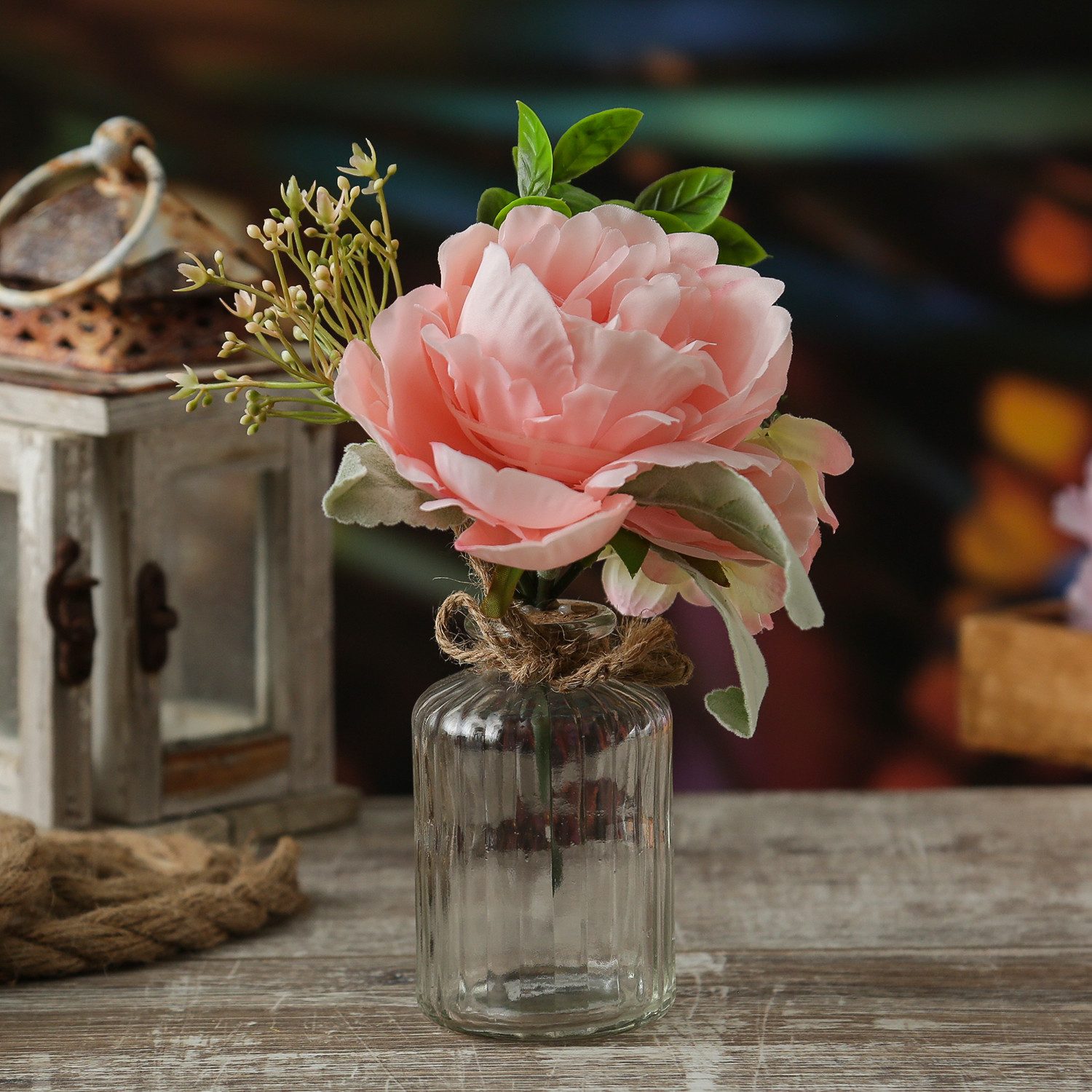 Kunstblumenstrauß Pfingstrose und Hortensie in Mini Glasvase Blumenvase Kunstblumen rosa, MARELIDA, Höhe 20 cm