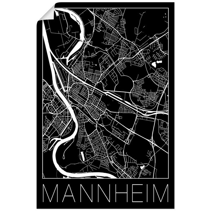 Artland Wandbild Retro Karte Mannheim Deutschland Schwarz Deutschland (1 St) als Alubild Leinwandbild Wandaufkleber oder Poster in versch. Größen