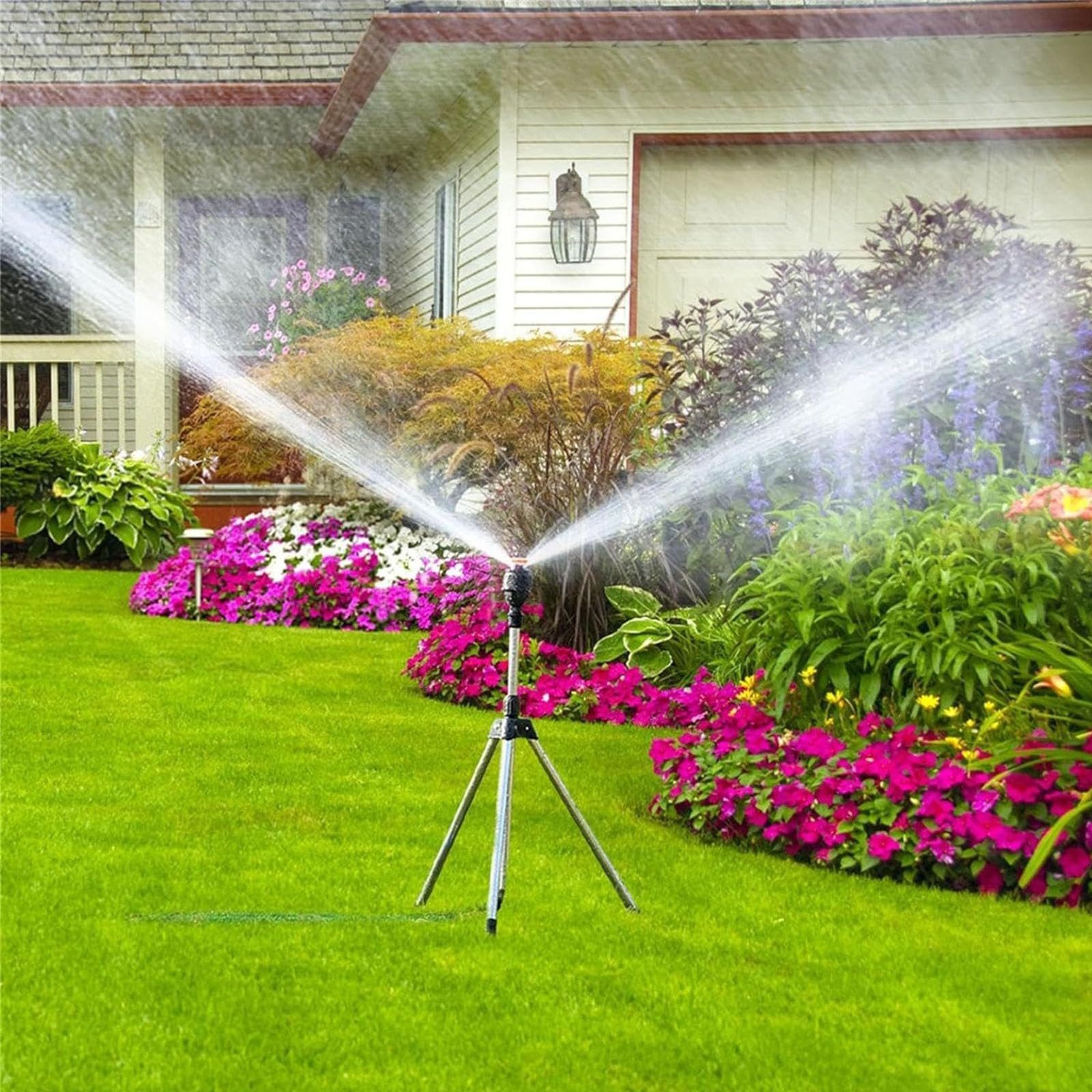 Jibenhome Gartenspritze Rotierend Dreibein Regner,Kreisregner Sprinkler,360°Abdeckung, Gartenbewässerung, mit Metall Stativsockel,für Rasen, Garten und Hof