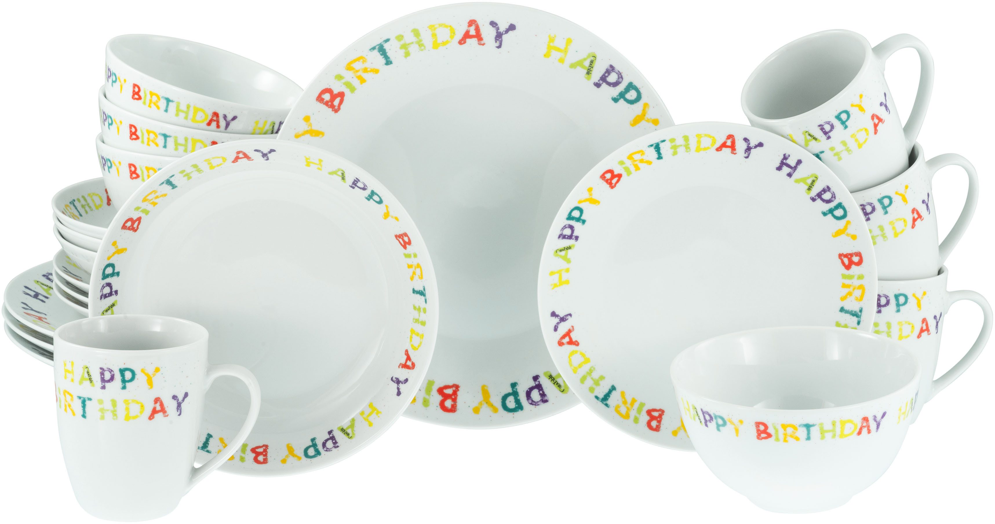 CreaTable Kombiservice Happy Birthday, Kombi-Service 20-tlg. (20-tlg), 4 Personen, Porzellan, Fröhliches buntes Geschirr, Für alle Geburtstagsfeierlichkeiten