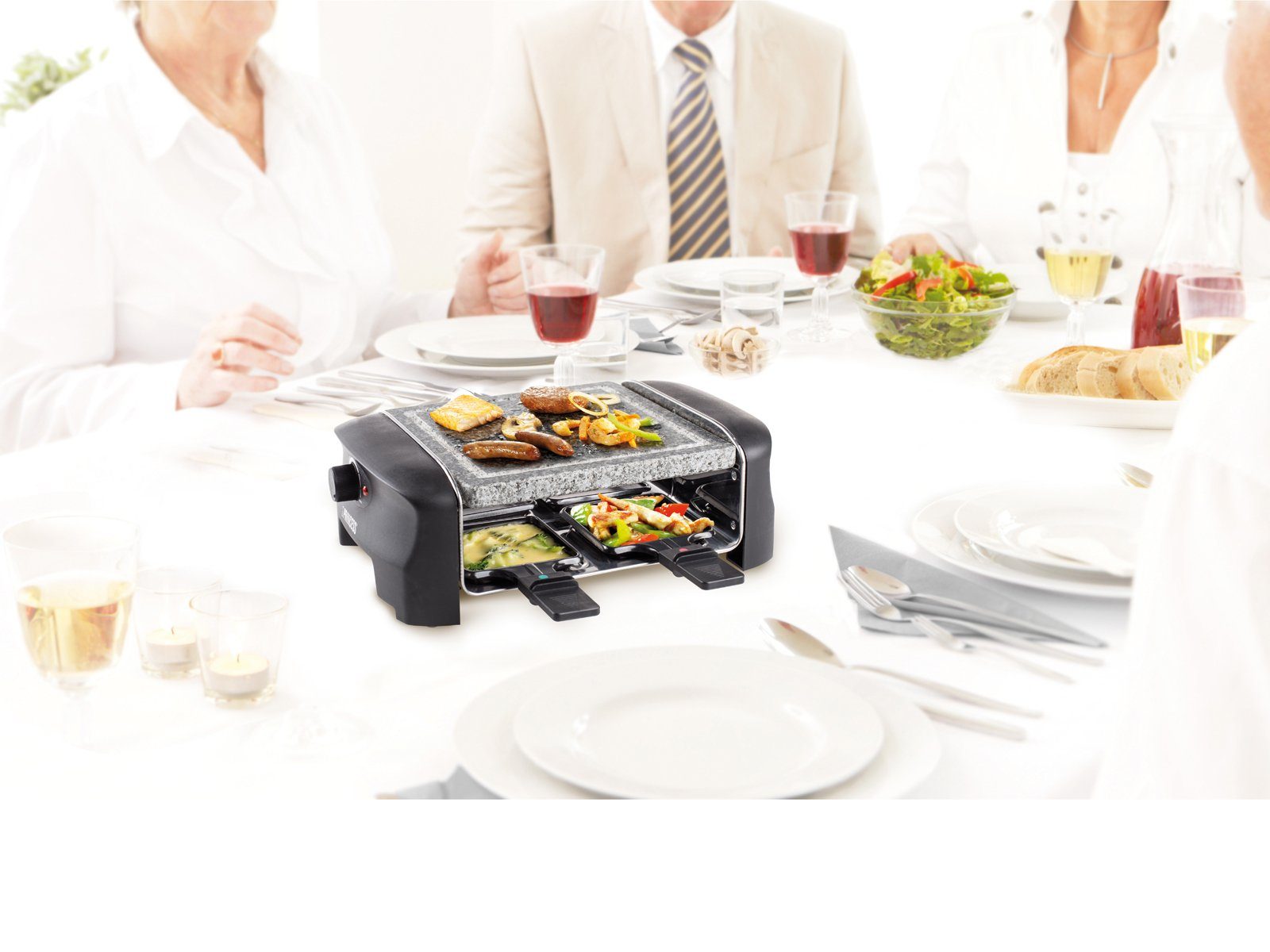 PRINCESS Raclette, 4 Raclettepfännchen, 600 W, Stonegrillparty Tischgrill 2-4 Personen Gerät heißer Stein-Platte