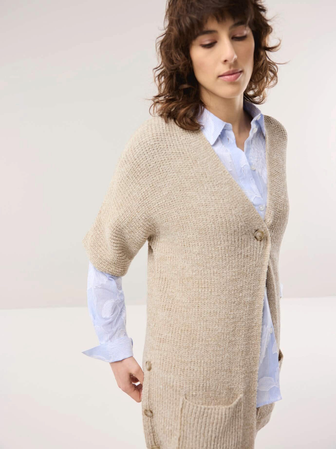 Walbusch Longweste Damen Longstrickweste mit Kimonoärmeln pflegeleicht V-Ausschnitt, 2 aufgesetzte Taschen, italienisches Garn, meliert
