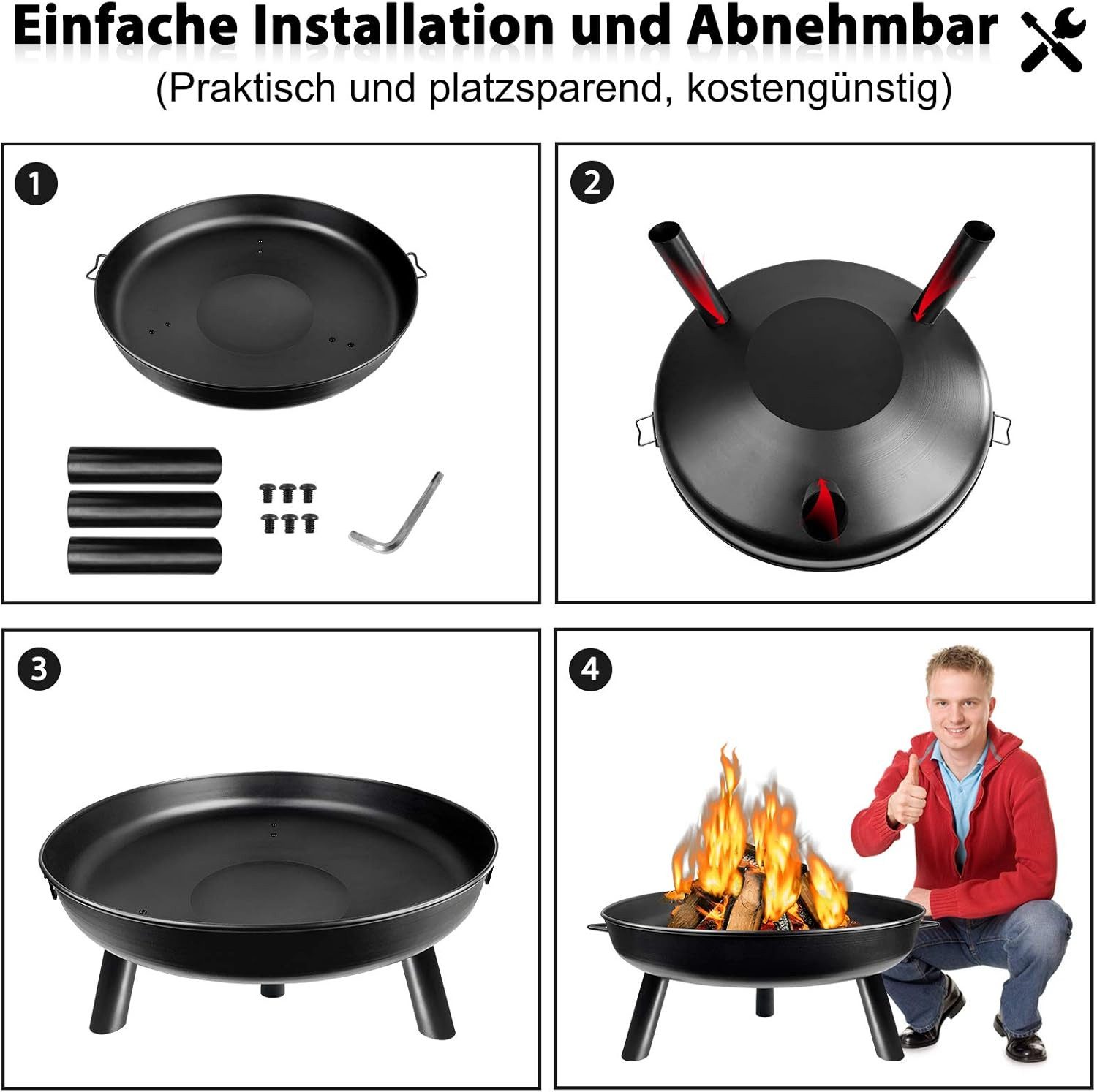 FIVMEN Feuerschale Feuerkorb Ø80cm Metall Multifunktional Fire Pit Feuerstelle Heizung, ohne Strom für Heizung, Garten, Terrasse, BBQ, Holz – Bild 5 von 5