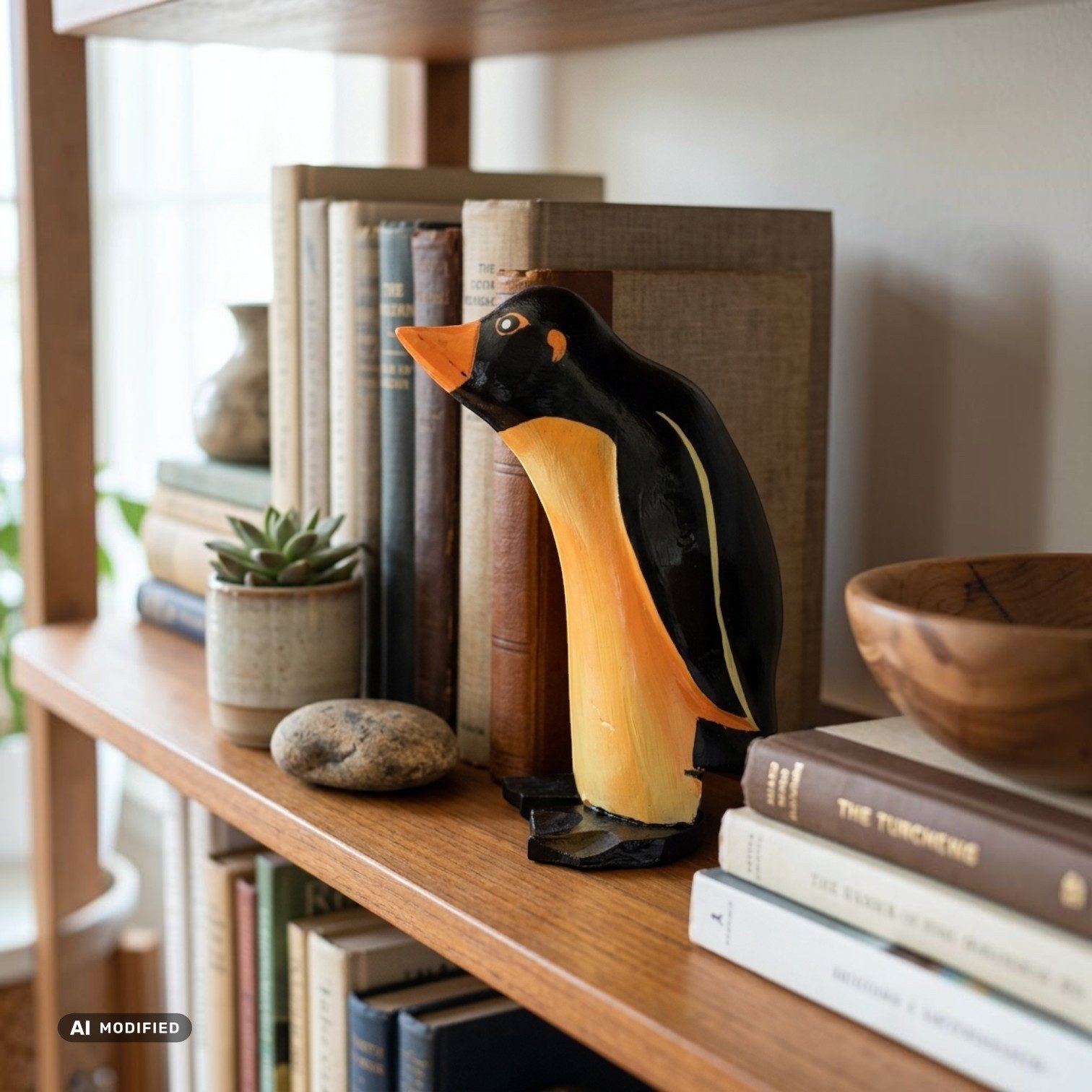 Kinaree Dekofigur Deko Pinguin Bambus-Wurzel handbemalt Indonesien Tierfigur, Handgefertigt auf Bali, handbemalt, jedes Stück ein Unikat