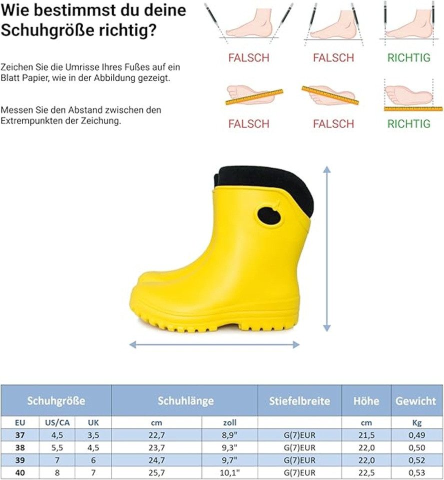 Fortmen Federleichte EVA Gefütterte halbhohe Gummistiefel Damen Thermo 36-41 Gummistiefel wasserdicht