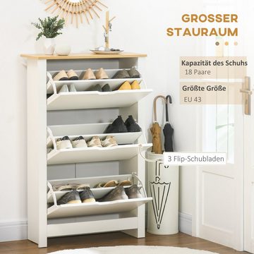 HOMCOM Schuhschrank Schuhregal mit 3 Klappen für 18 Paar Schuhe (Schuhständer, 1-St., Schuhkipper) für Flur, Eingangsbereich Weiß+Natur 72 x 26 x 112 cm