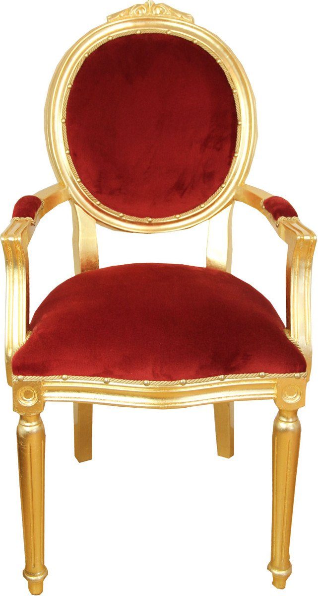 Casa Padrino Esszimmerstuhl Barock Luxus Esszimmer Medaillon Stuhl mit Armlehnen Bordeaux Samtstoff / Gold