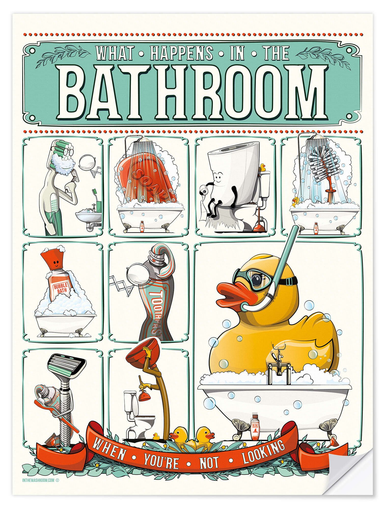 Posterlounge Wandfolie Wyatt9, What happens in the Bathroom, Kinderzimmer Illustration