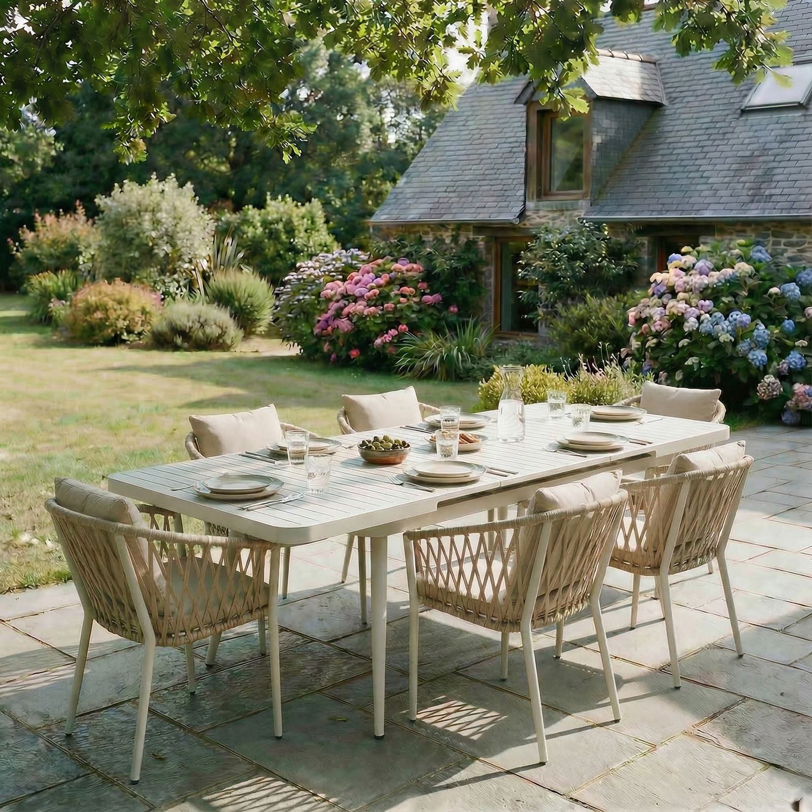 IDIMEX Garten-Essgruppe SUNNY, Gartenmöbel Set mit 6 Stühlen & ausziehbarem Tisch weiß/beige