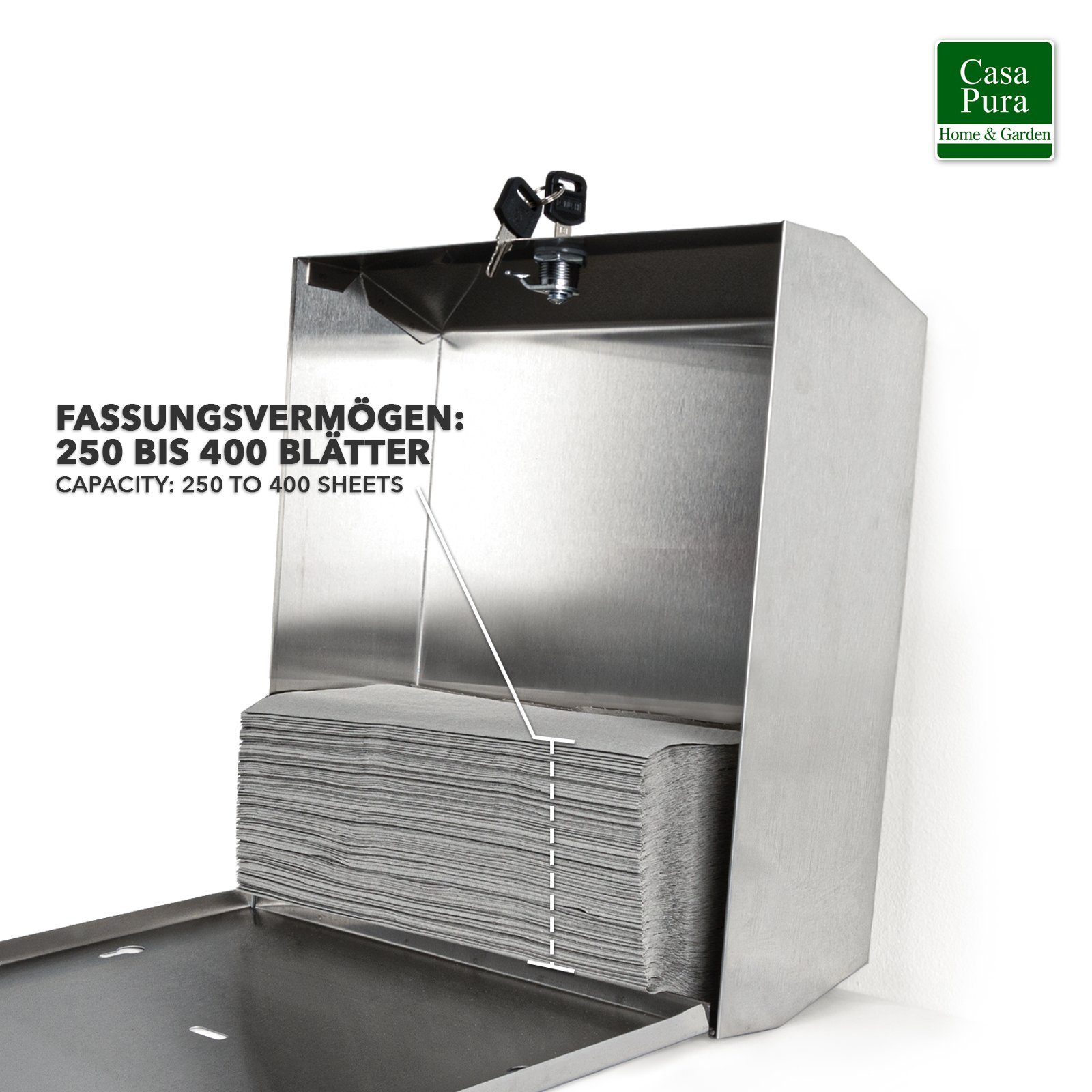 casa pura Papiertuchspender 280x105x255 mm, Papierhandtuchspender, abschliessbar, aus Edelstahl – Bild 5 von 5