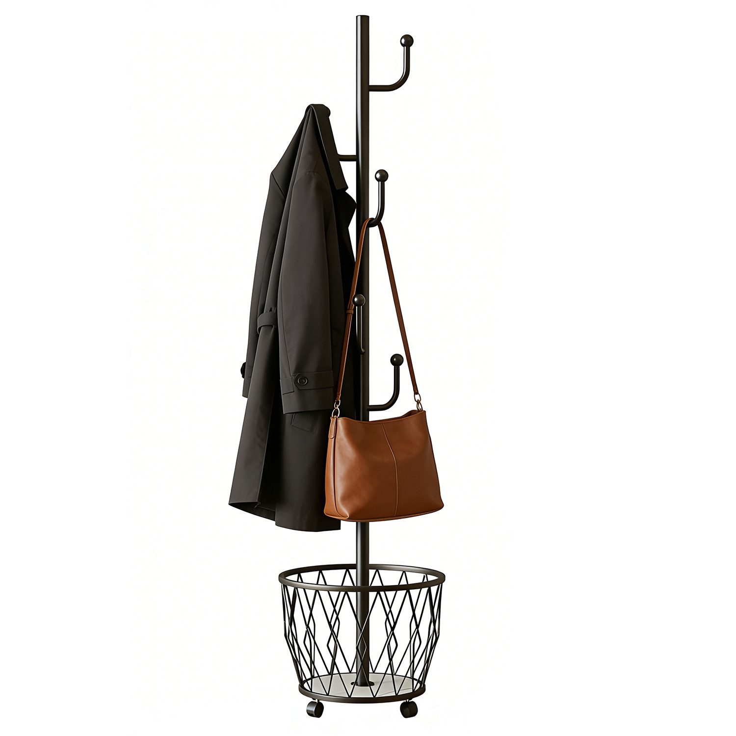OSTWOLKE Garderobenständer Kleiderständer Metallgarderobe mit Aufbewahrungskorb und 6 Haken, Aufbewahrungshalter mit Rollen für Handtasche/Mütze/Schals/Mantel