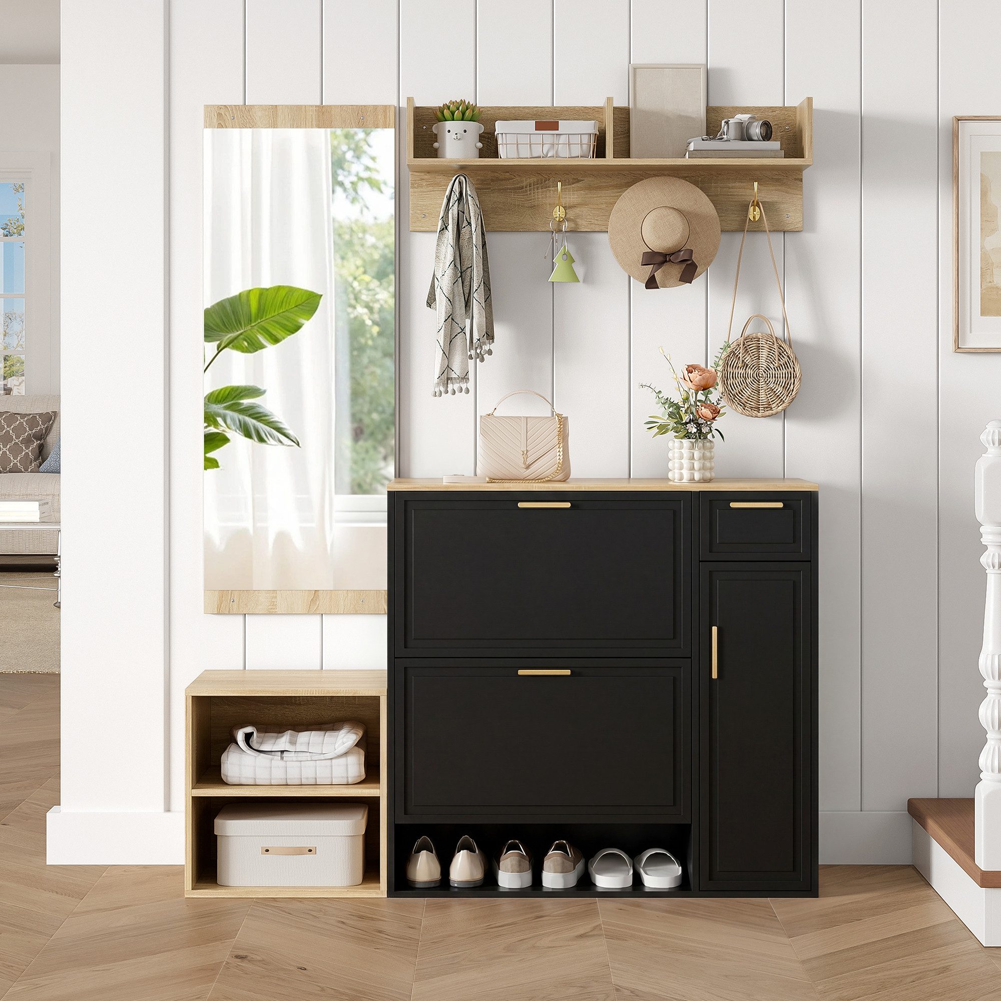 Merax Garderoben-Set Garderobenständer Komplettset mit Schuhschrank, Sitzbank, (1-St., Wandgarderobe, Spiegel, Regal), Flur Möbel Stauraum