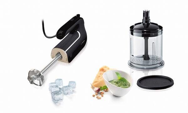 BOSCH Handmixer HomeProfessional MFQ4885DE, 2x Edelst. Besen, 1x Knethaken, schwarz, 575 W, 5 Stufen, Turbostufe, Zerkleinerer, Mixfuß, Mixbecher, Made in Europe