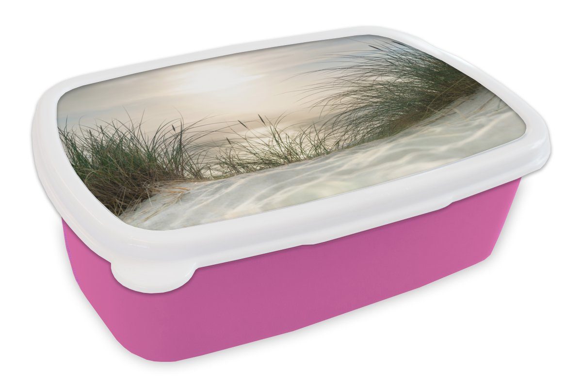 MuchoWow Lunchbox Sand - Gras - Sonne, Kunststoff, (2-tlg), Brotbox für Erwachsene, Brotdose Kinder, Snackbox, Mädchen, Kunststoff rosa